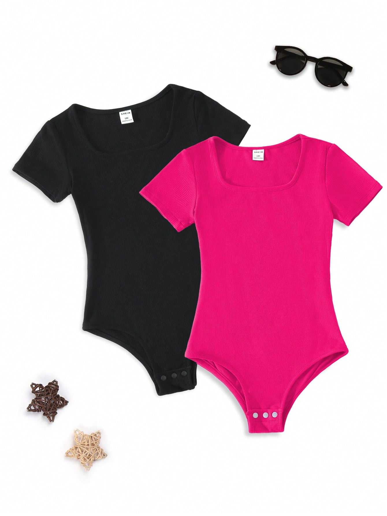 Tween Girl Knitted All-Match Solid Color Bodysuit, Short Sleeve, Black, Street Style, Spring/Summer