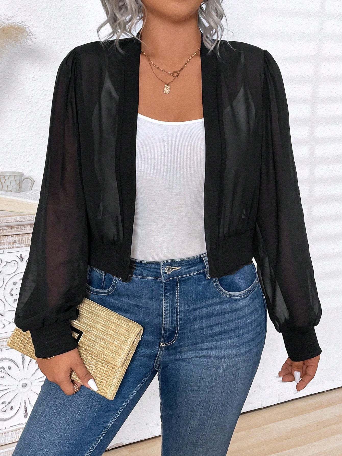 Plus Size Solid See-Through Zipper Front Casual Jacket