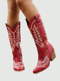 Punk Women's 2024 New Autumn Winter Pointed Toe Thick Heel Embroidery Red Western Boots Outdoor Fashion Slip-On Mid-Calf Boots