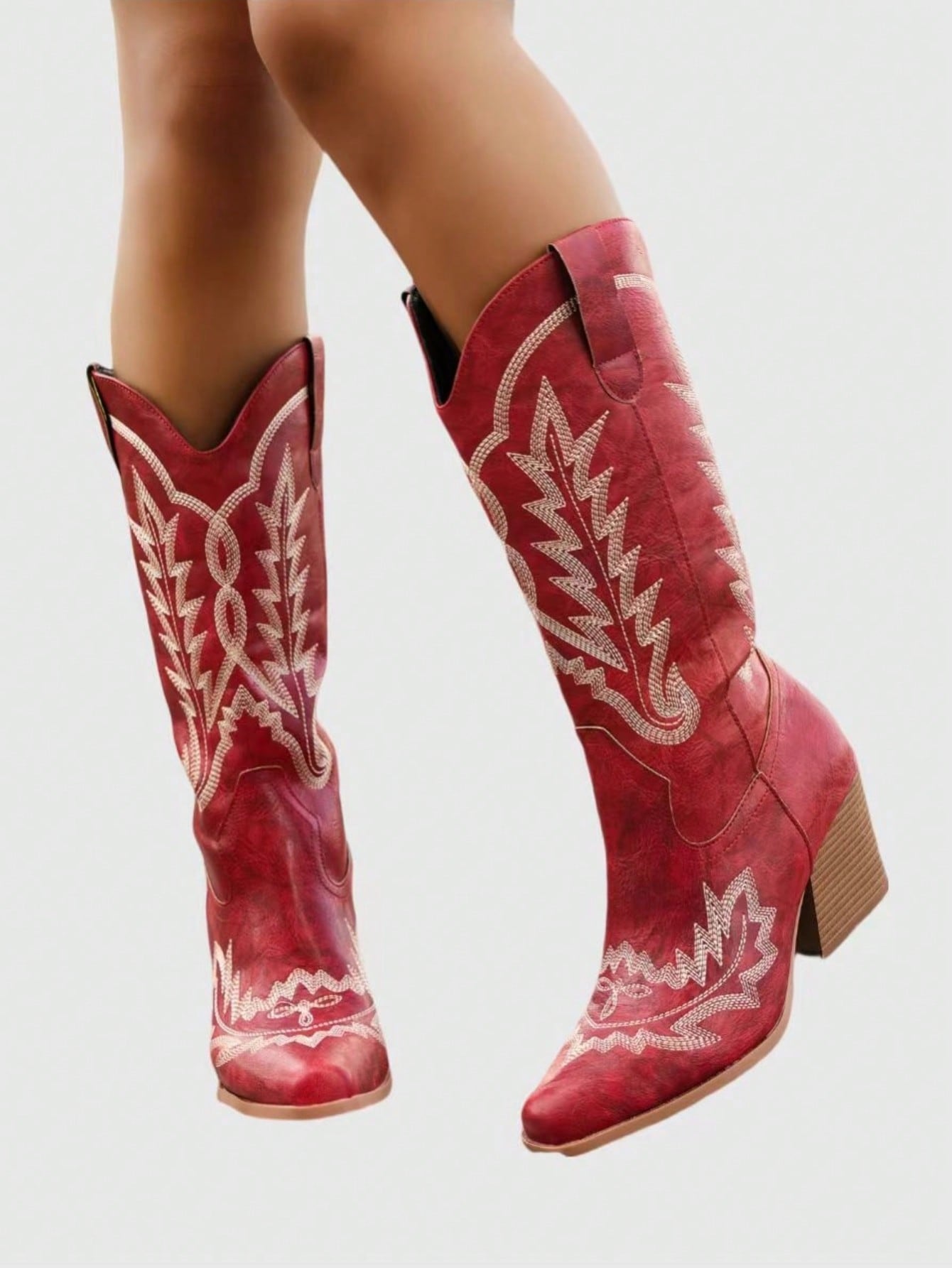 Punk Women's 2024 New Autumn Winter Pointed Toe Thick Heel Embroidery Red Western Boots Outdoor Fashion Slip-On Mid-Calf Boots