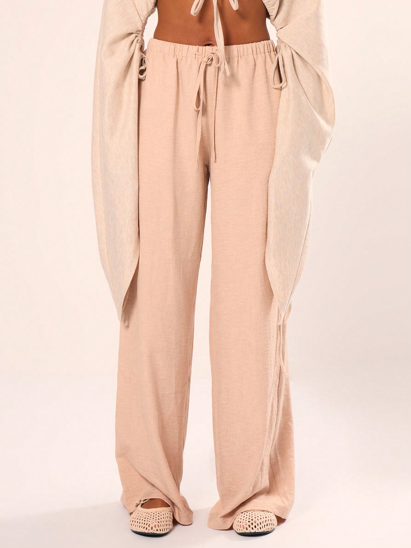 Textured Linen Feel Tie Waist Trouser