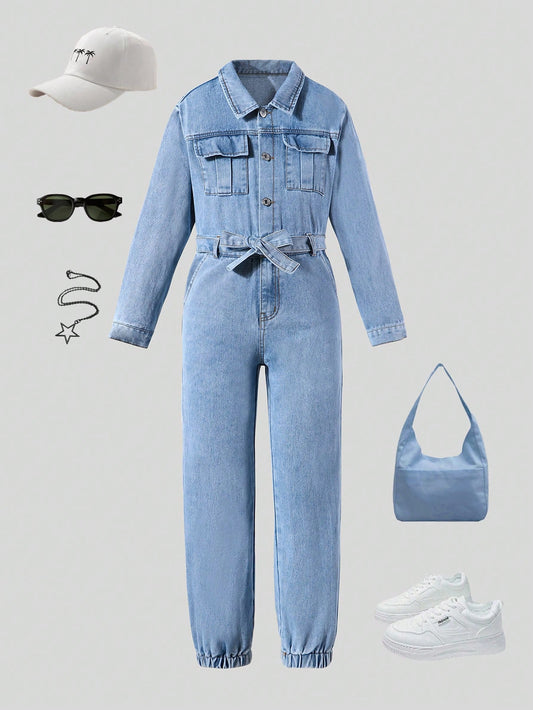 Girls' Vintage Hong Kong Style Long Sleeve Denim Jumpsuit With Pocket Belt, All-Match And Versatile