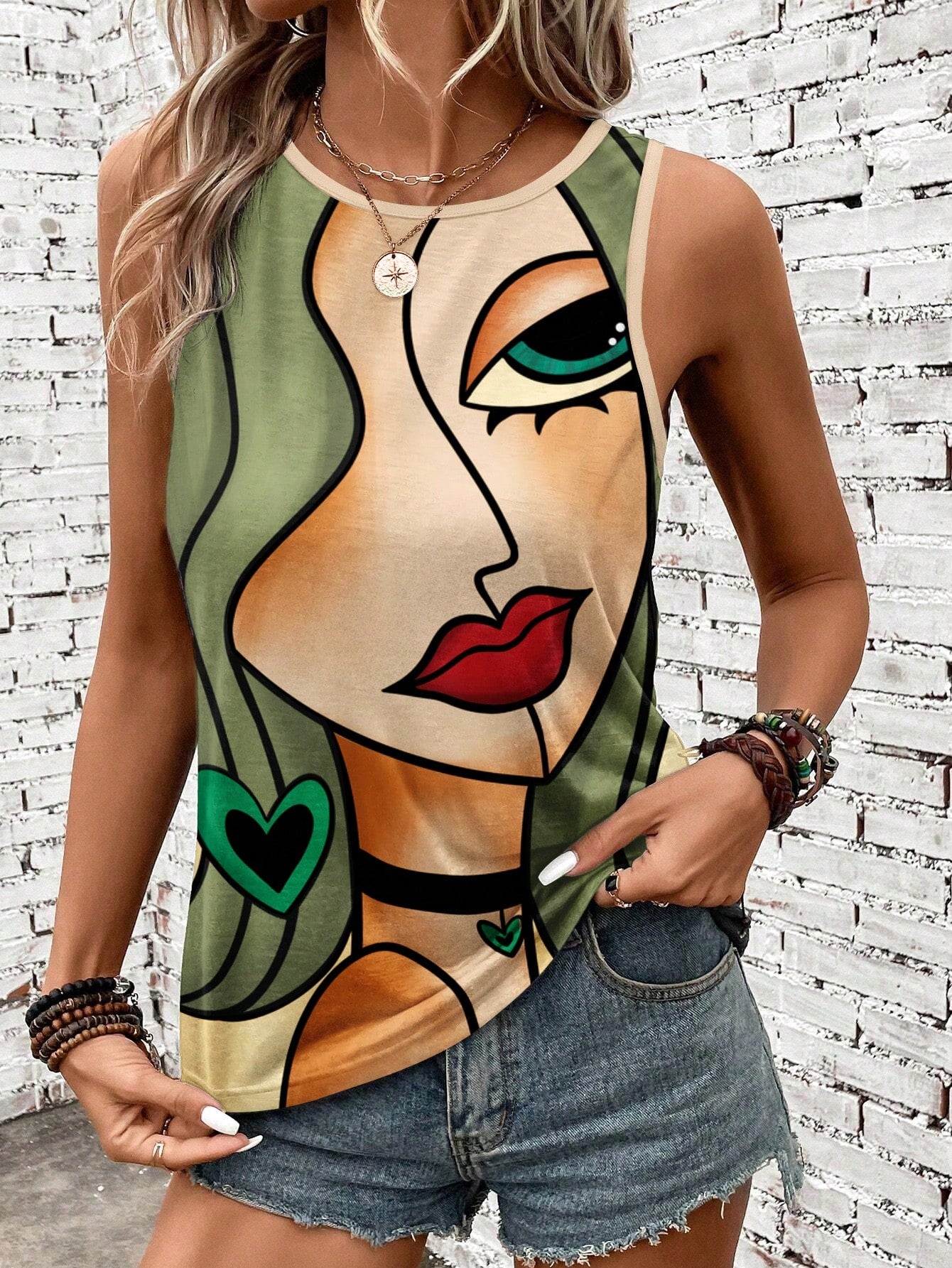 Women's Summer Vacation Printed Tank Top With Face Print