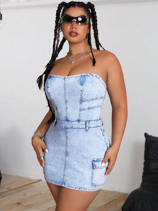 Plus Size Women's Summer Strapless Fitted Elastic Washed Denim Dress