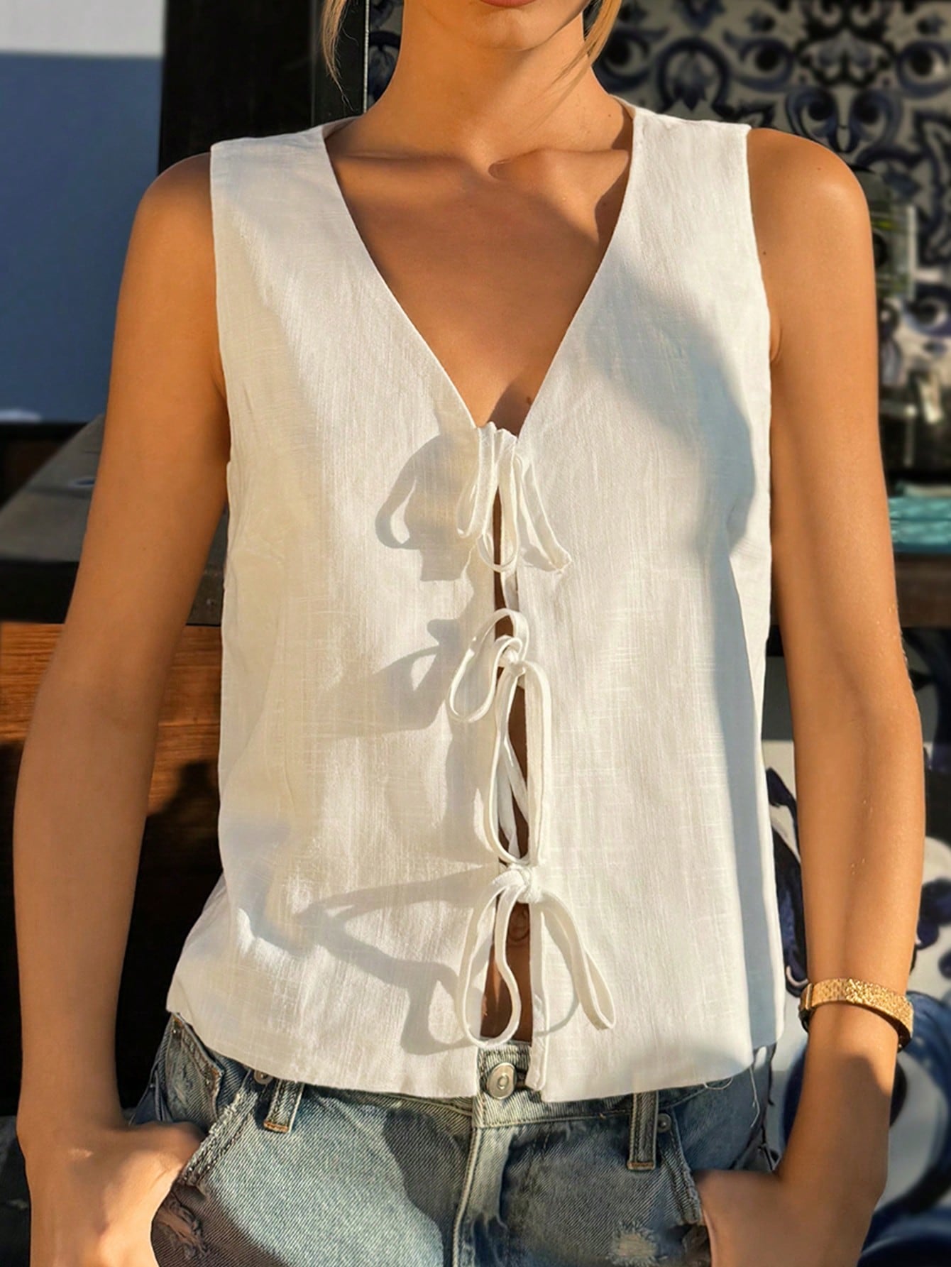 White Woven Tie Front Women's Sleeveless Blazer Vest With V-Neck