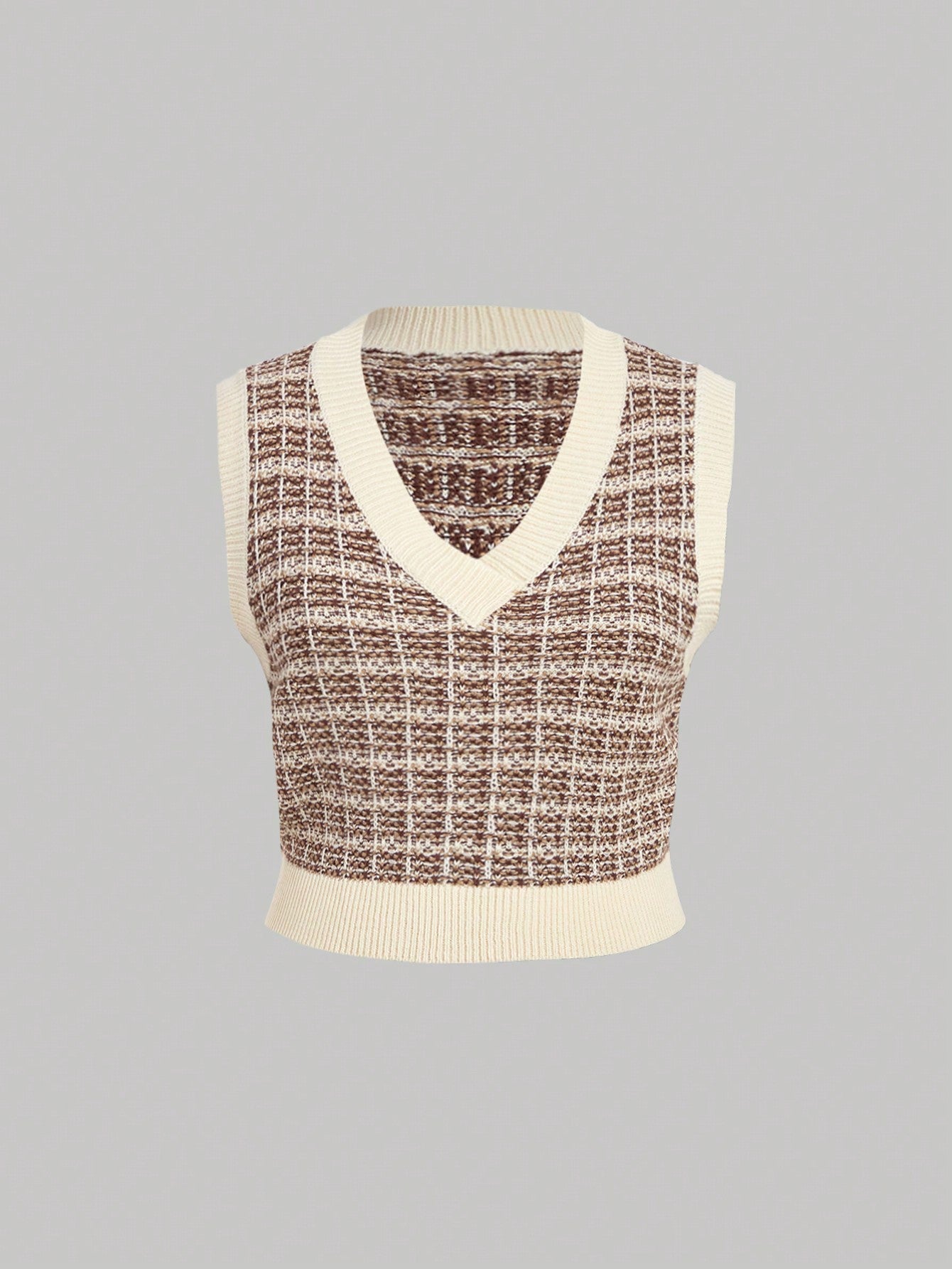 Plus Size Women Camel Color Plaid V-Neck Sleeveless Knitted Vest