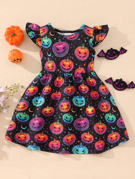 Girls Halloween Pumpkin Print Casual Dress With Flying Sleeves