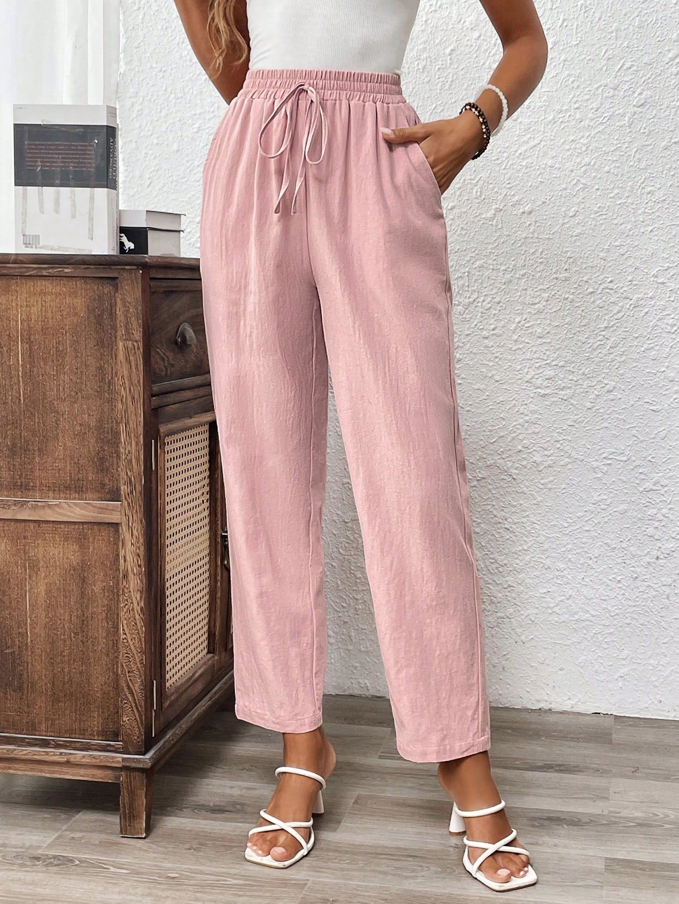 Solid Drawstring Waist Straight Leg Pants