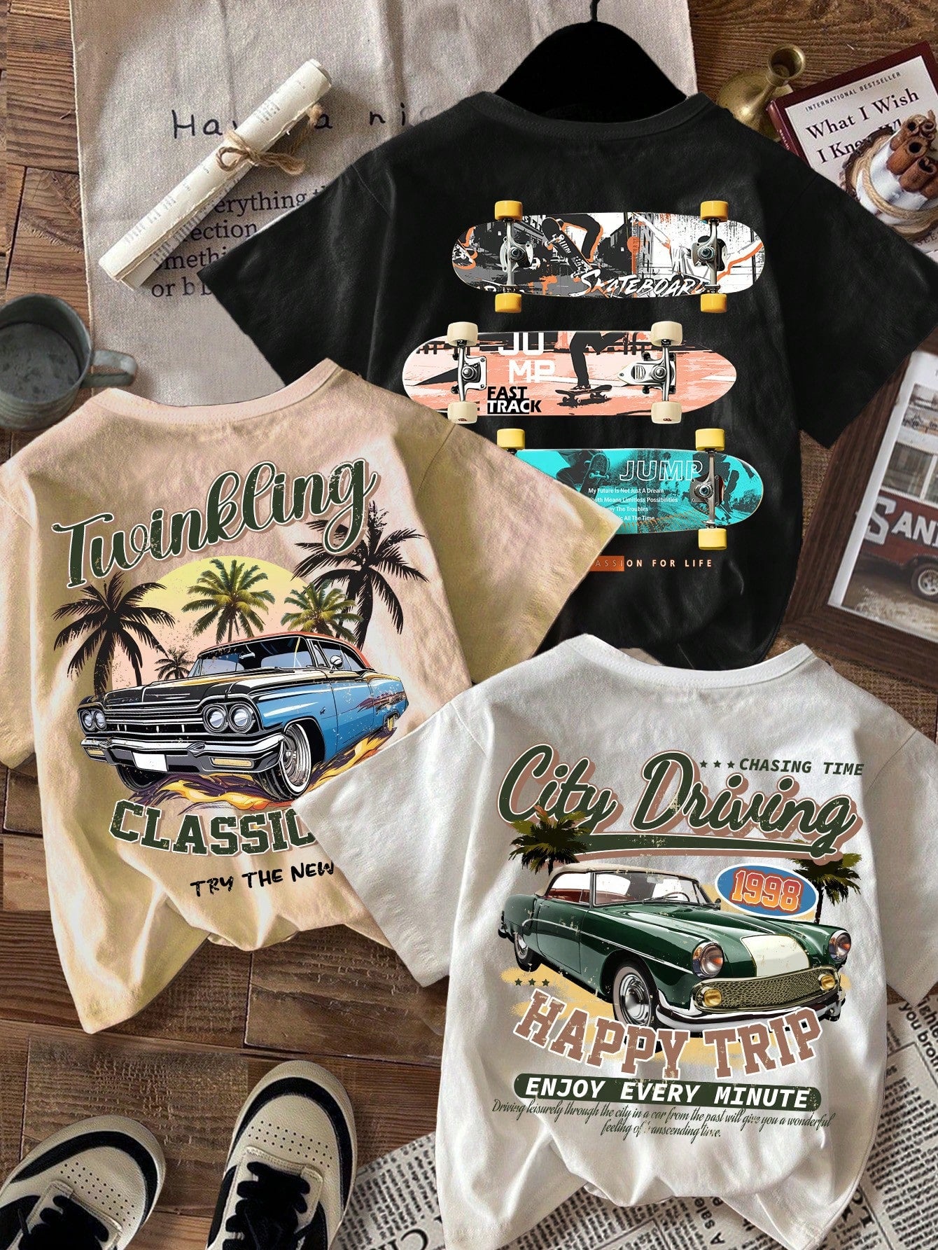 3pcs/Set Tween Boys' Casual Loose Vintage Car & Skateboarding Print Crew Neck Short Sleeve T-Shirt, Summer