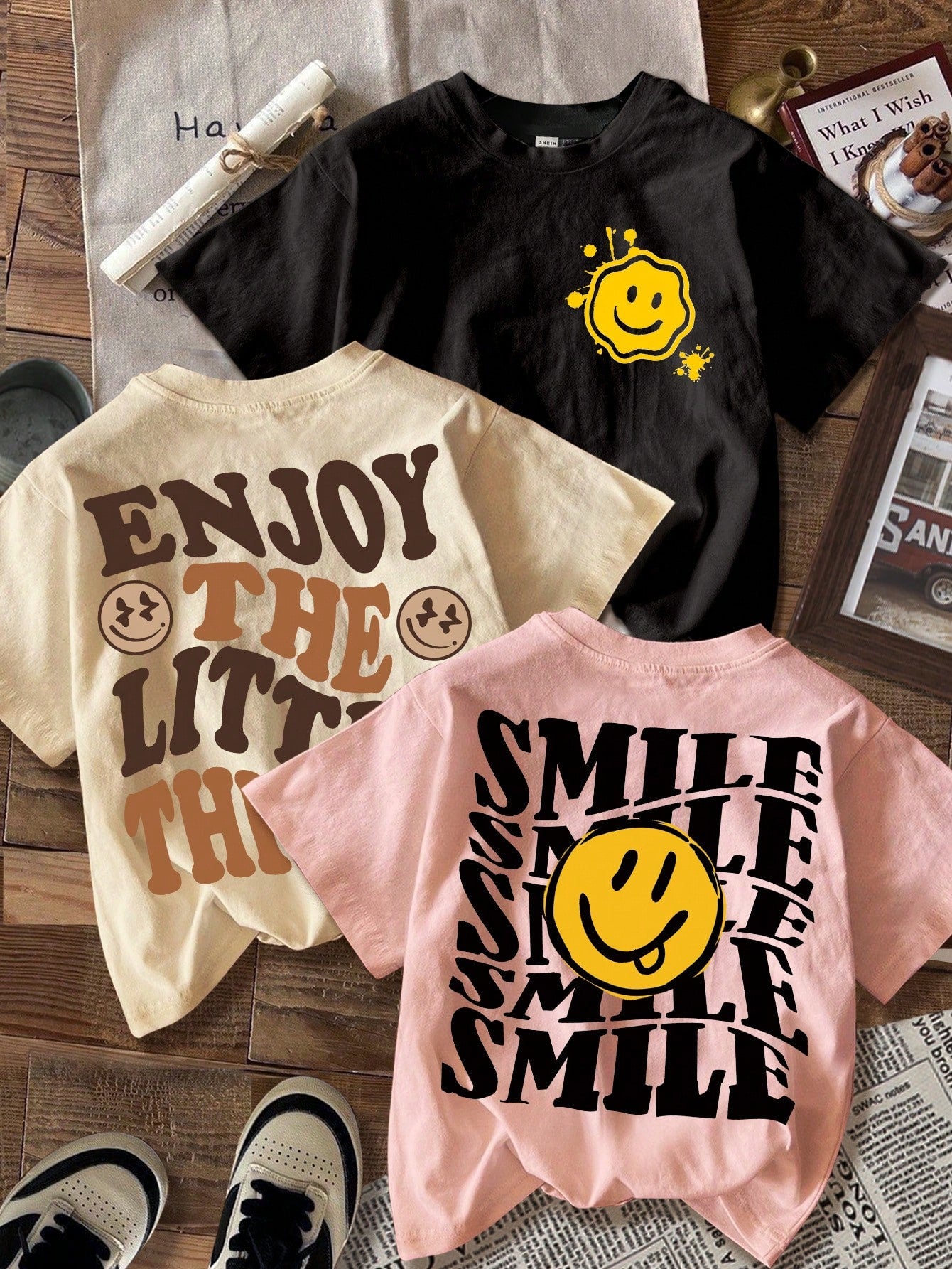 3pcs/Set Tween Girls Casual Funny Smiling Face & "ENJOY THE LITTLE THINGS" Letter Print Short Sleeve Crew Neck T-Shirts, White + Black + Pink, Comfortable Summer Tops