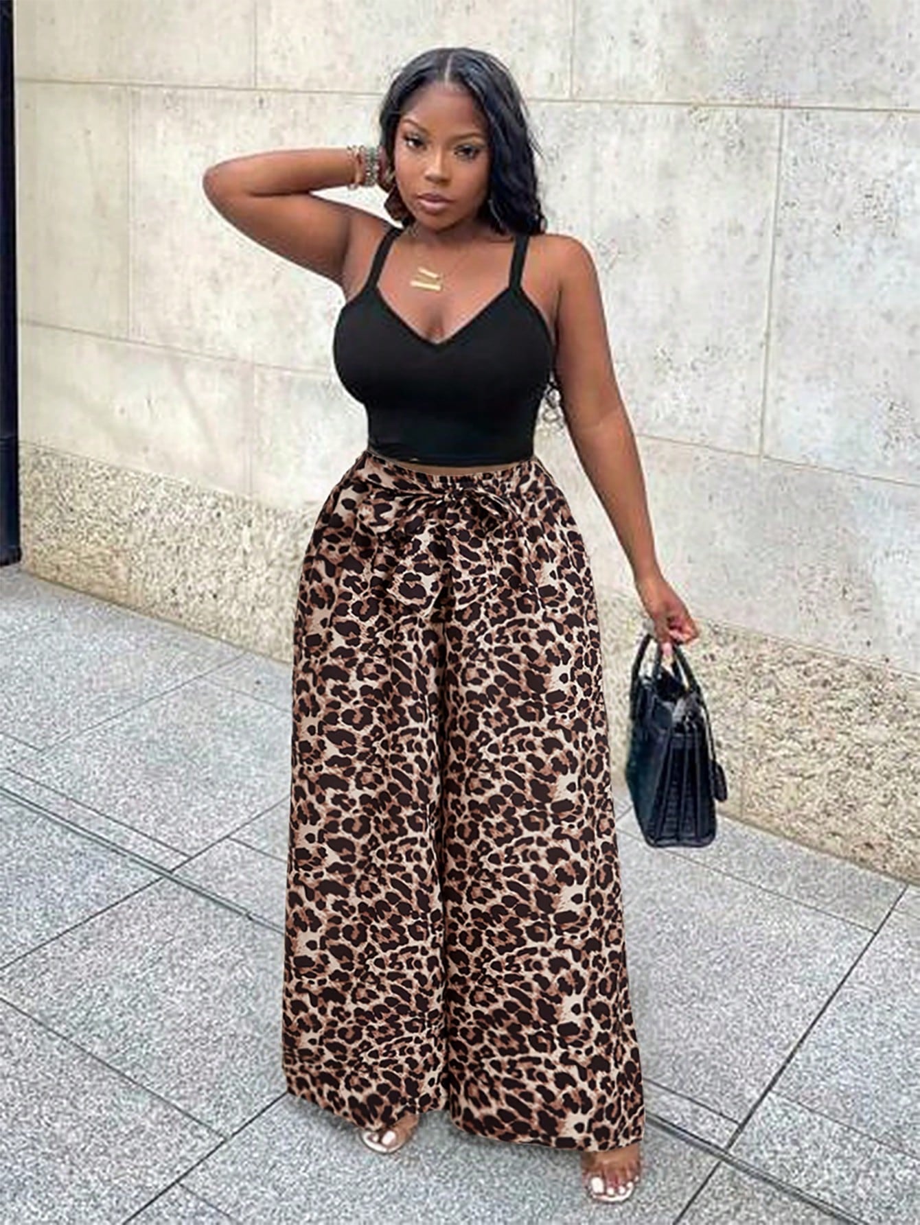 Leisure Vacation Black Slim-Fit High Elasticity Cami Top And Wide-Leg Printed Pants Women 2pcs-Set - Z