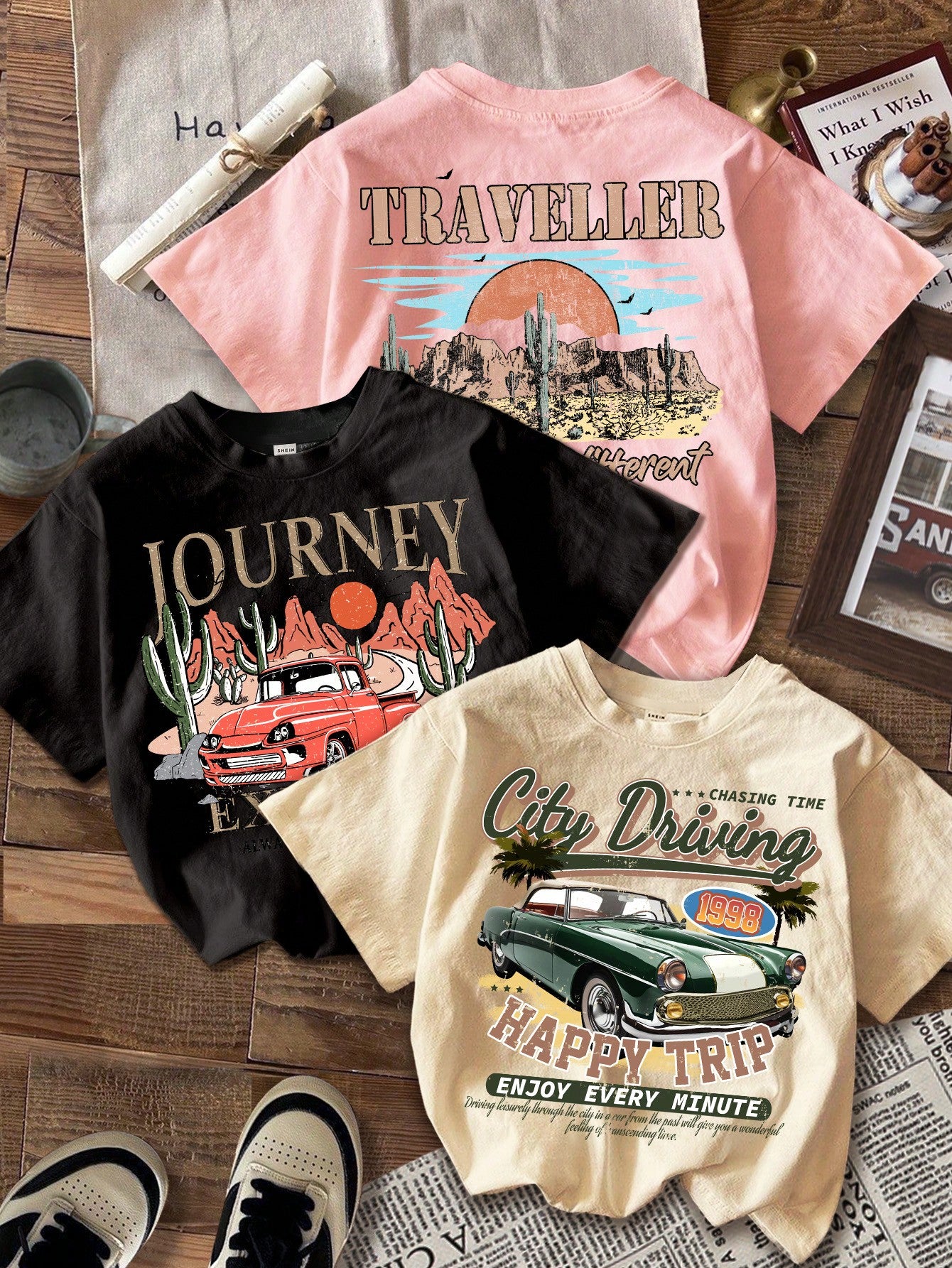 3pcs Tween Girls' Casual Vintage Outdoor Scene & Retro Car Printed Cartoon Pattern Tee, Versatile T-Shirt For Summer