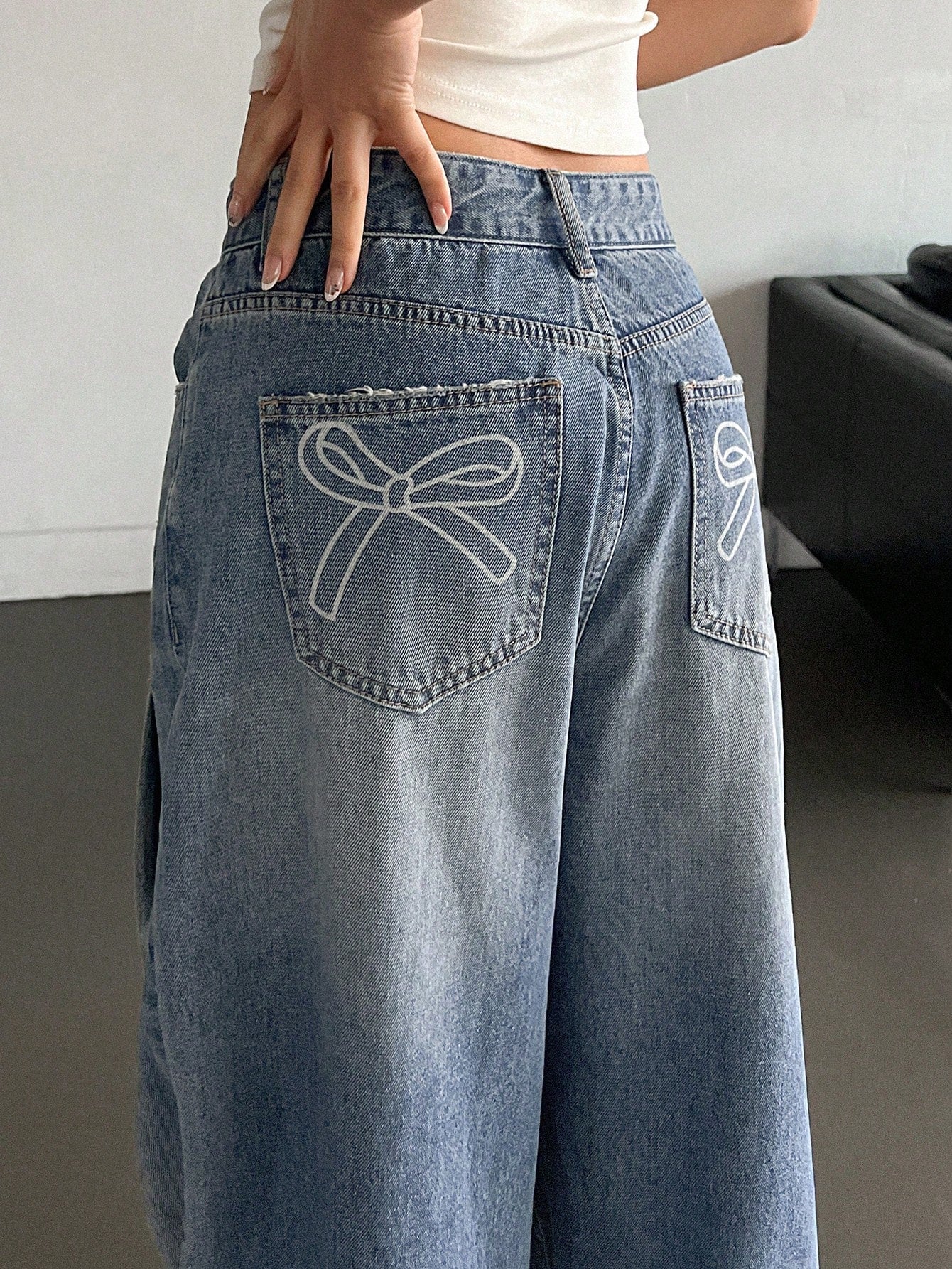 Distressed Wide Leg Jeans Bleached White For Women