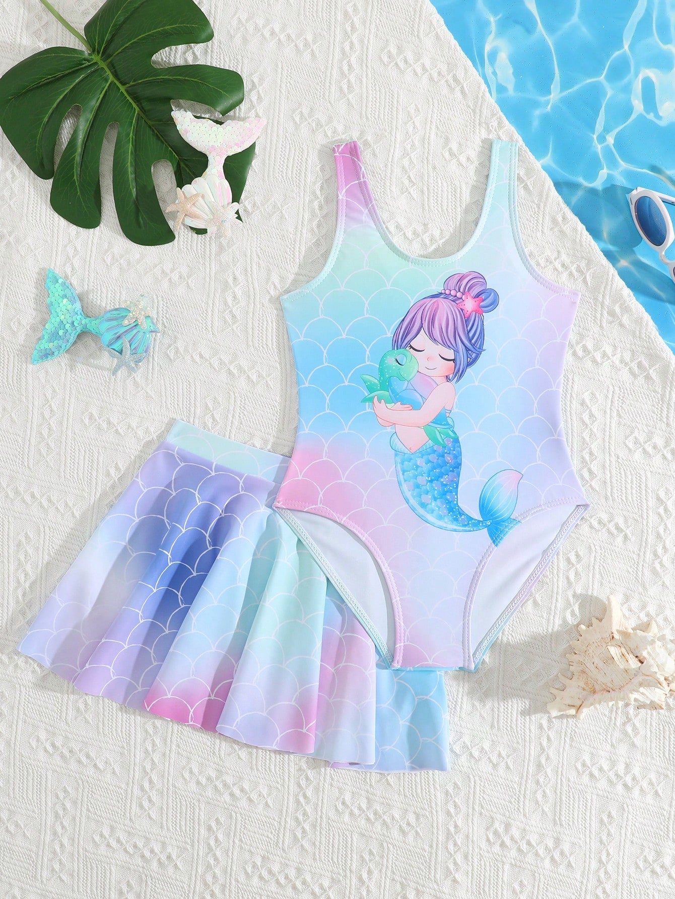 Young Girls' Cartoon Mermaid Pattern Sleeveless One-Piece Swimsuit With Cover-Up Skirt