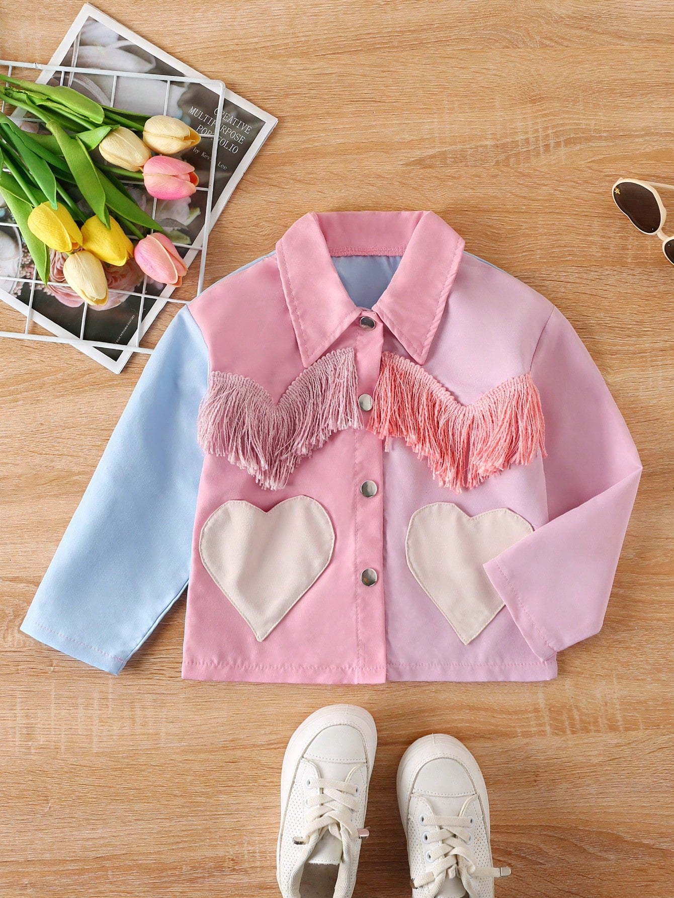 Ranchside Kids Toddler Girls Street Style Casual V-Neck Dropped Shoulder Long Sleeve Loose Cropped Colorblock Heart Pocket Fringe Autumn Windbreaker Jacket