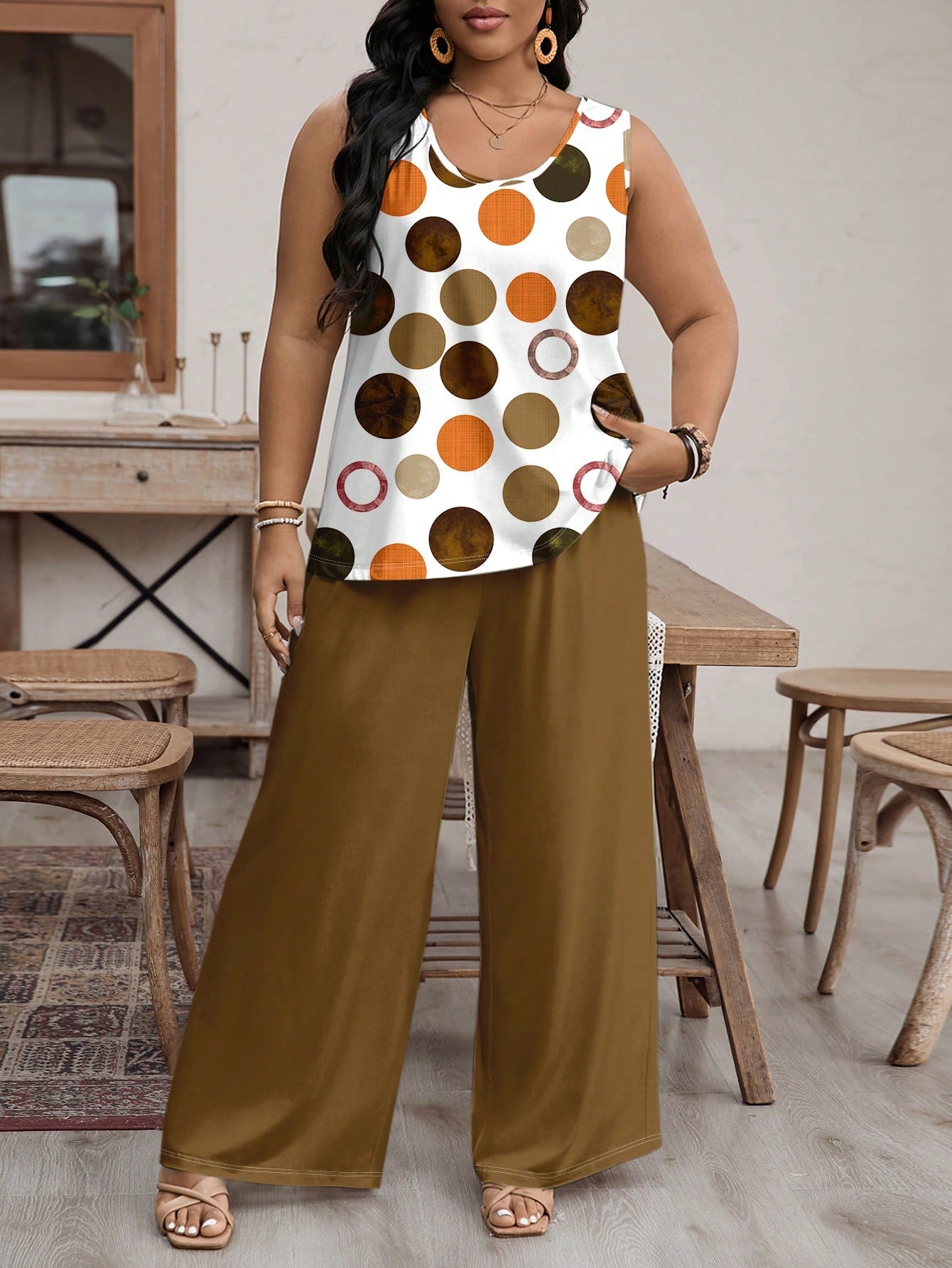 Plus Size Women Casual Polka Dot Printed Vest And Loose Pants Two Piece Set For Summer