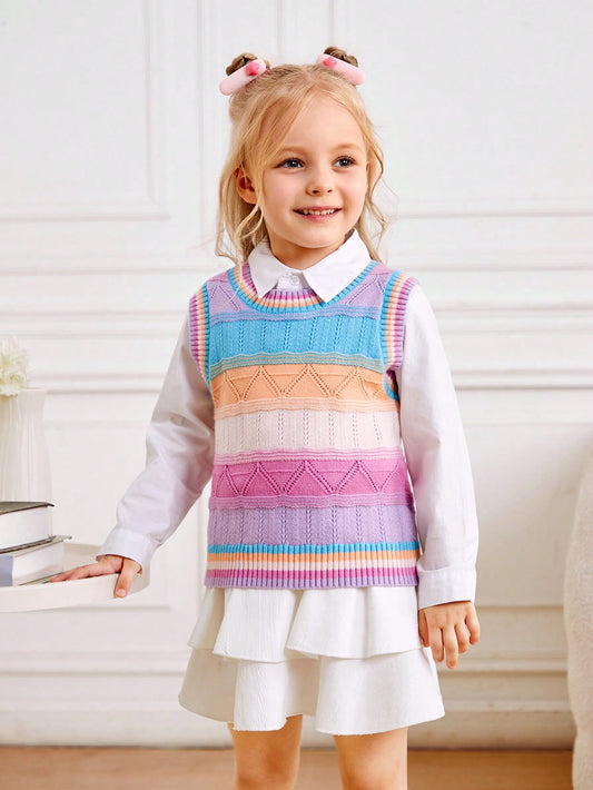 Young Girl's Casual Short Knitted Sweater Vest With Color Blocking And Jacquard Pattern