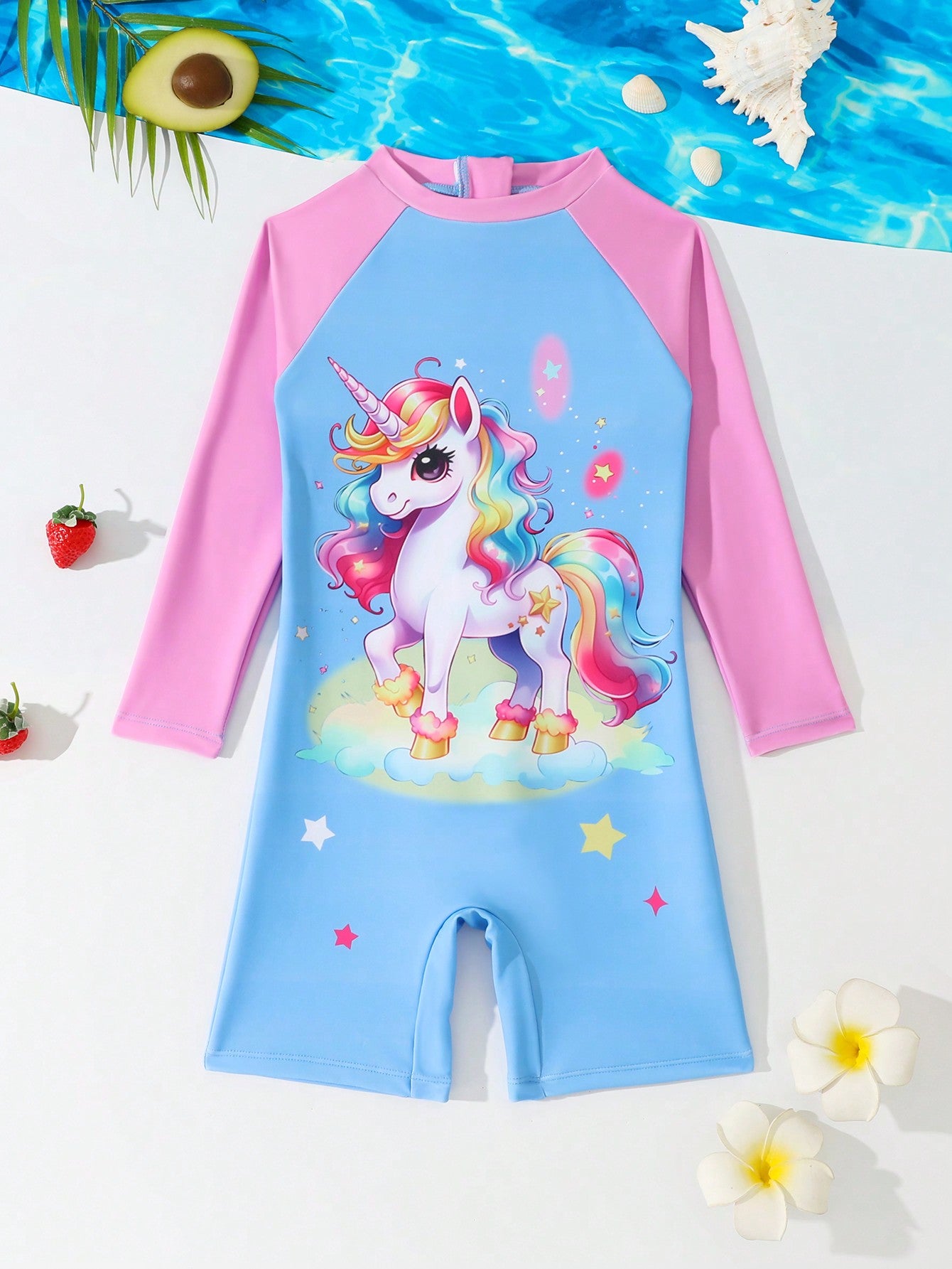 Young Girl Cartoon Unicorn Printed Long Sleeve One Piece Swimsuit