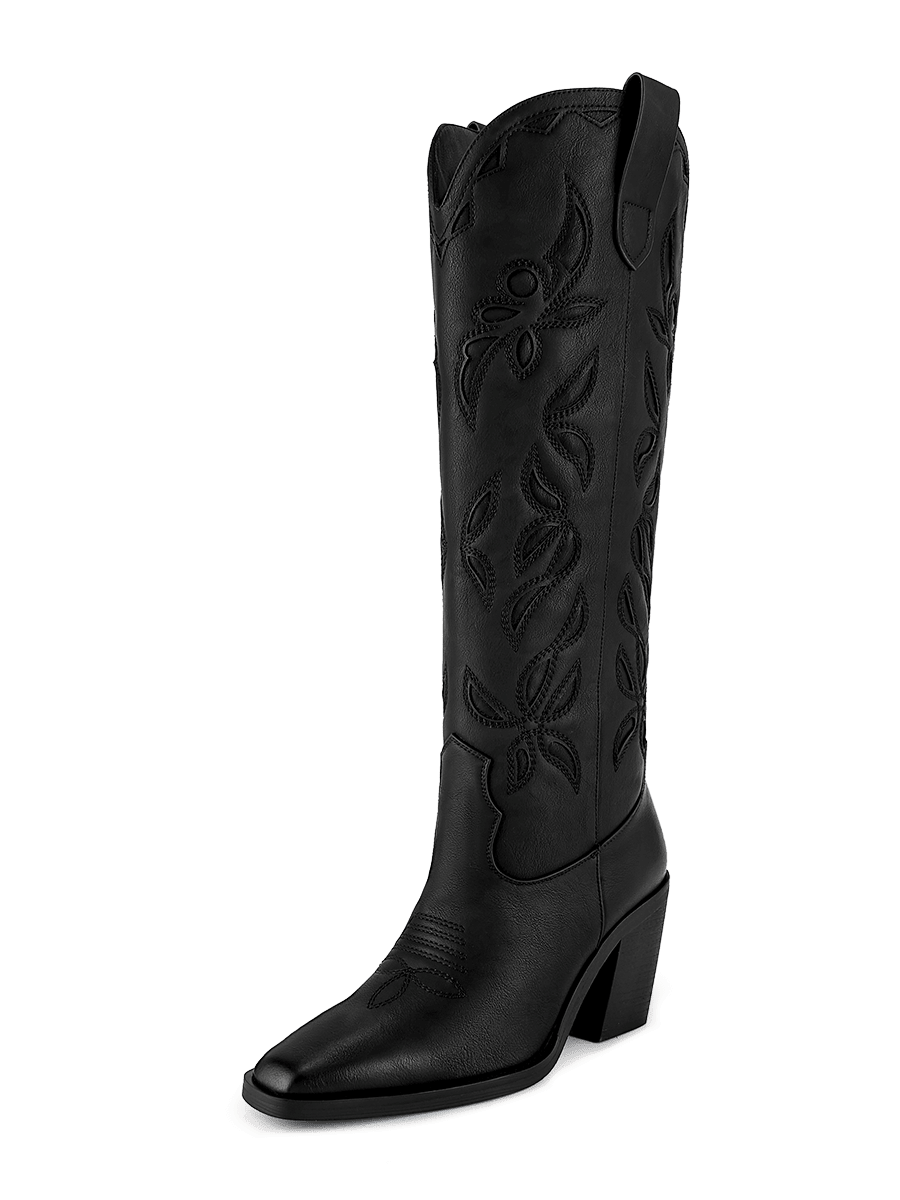 WETKISS Knee High Cowboy Boots For Women, Western Boots With Pull On Tab, Chunky Heel Design, Unique And Stylish