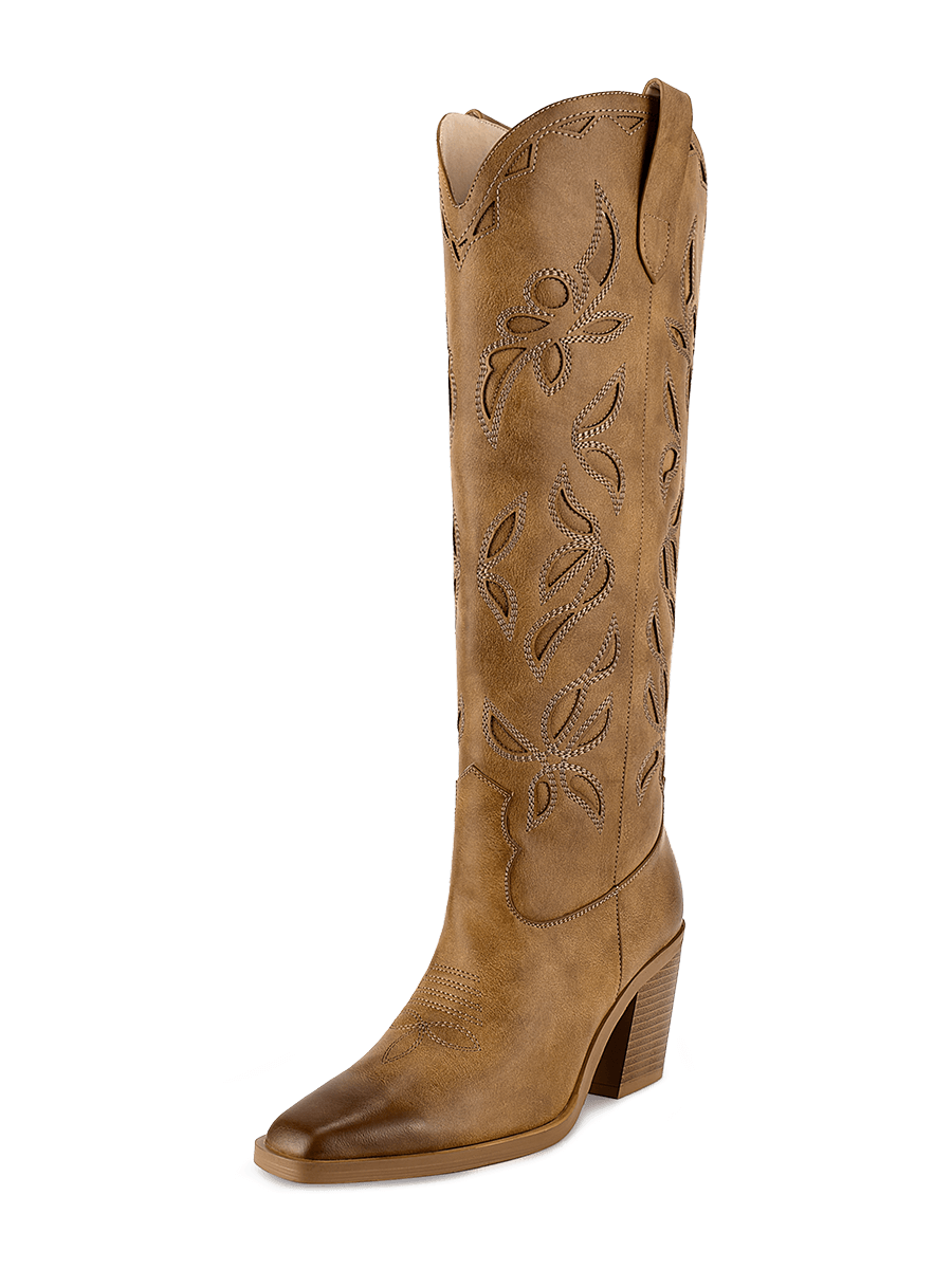 WETKISS Knee High Cowboy Boots For Women, Western Boots With Pull On Tab, Chunky Heel Design, Unique And Stylish