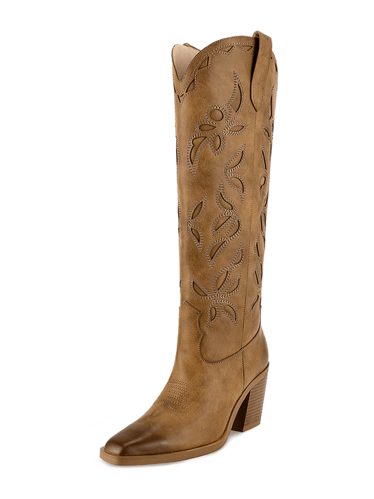 WETKISS Knee High Cowboy Boots For Women, Western Boots With Pull On Tab, Chunky Heel Design, Unique And Stylish