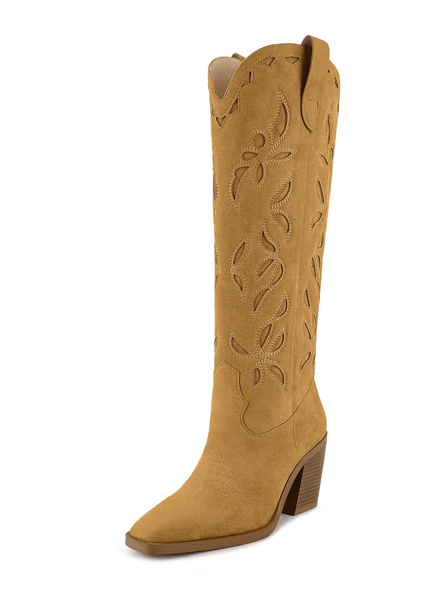 WETKISS Knee High Cowboy Boots For Women, Western Boots With Pull On Tab, Chunky Heel Design, Unique And Stylish