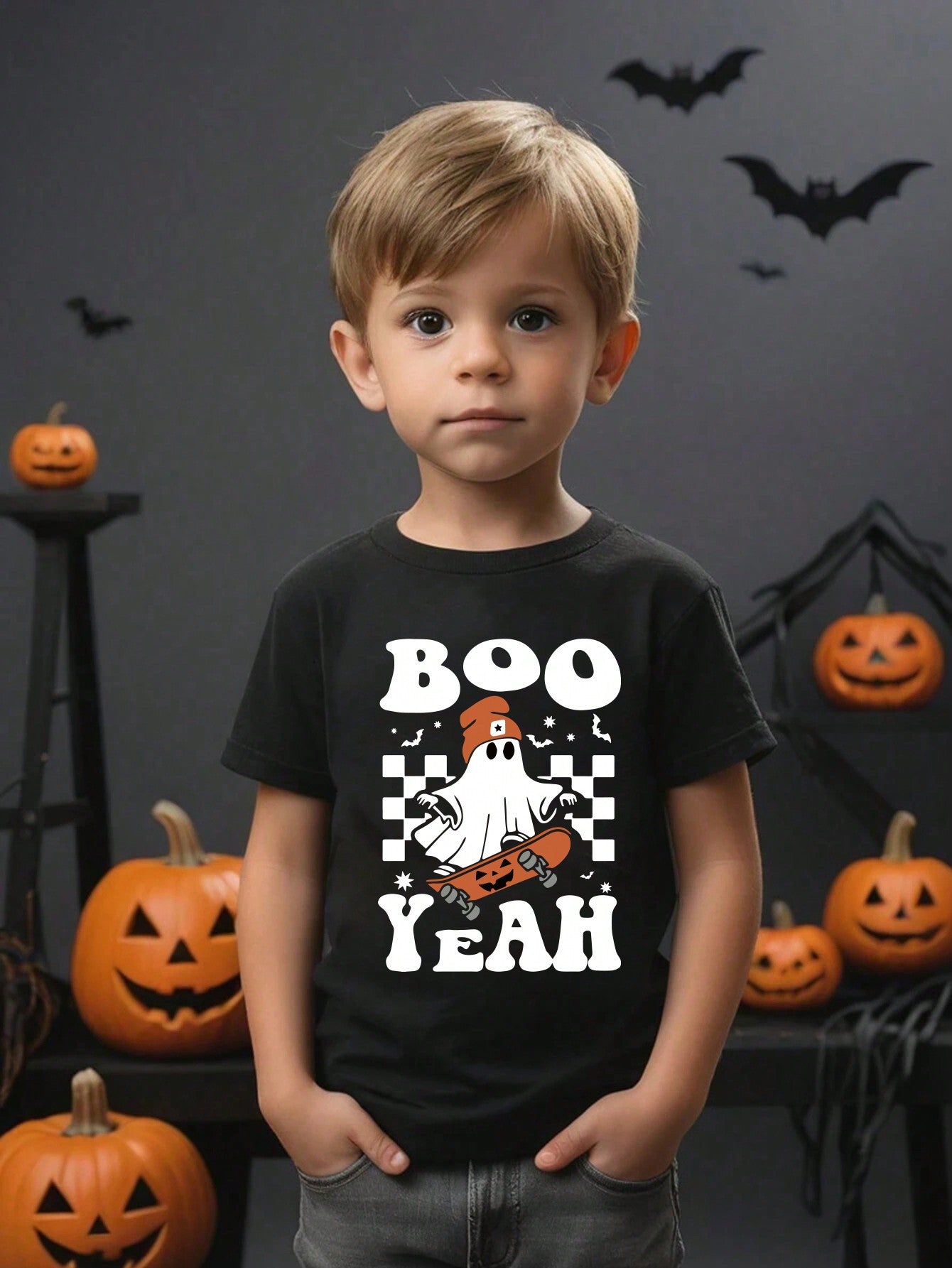 Young Boy Casual Trendy Skateboard & Ghost Checker Print Letter Slogan Basic Short Sleeve T-Shirt