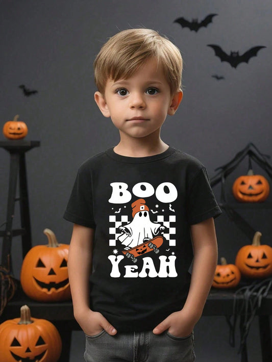 Young Boy Casual Trendy Skateboard & Ghost Checker Print Letter Slogan Basic Short Sleeve T-Shirt