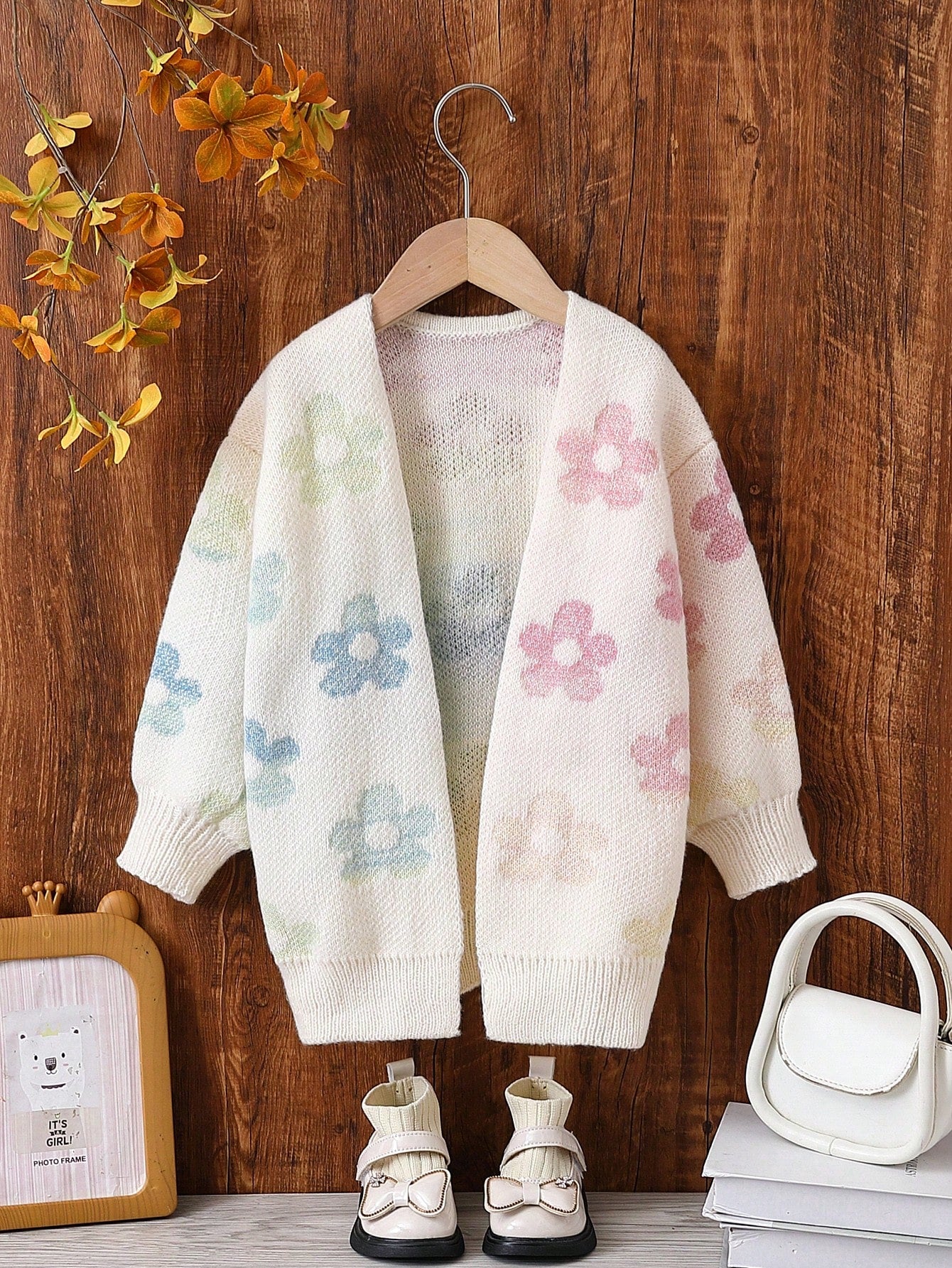 Girls' Stylish Casual Floral Printed Long Knitted Cardigan, Comfy, Versatile, Suitable For Daily Wear, Party, Autumn Winter