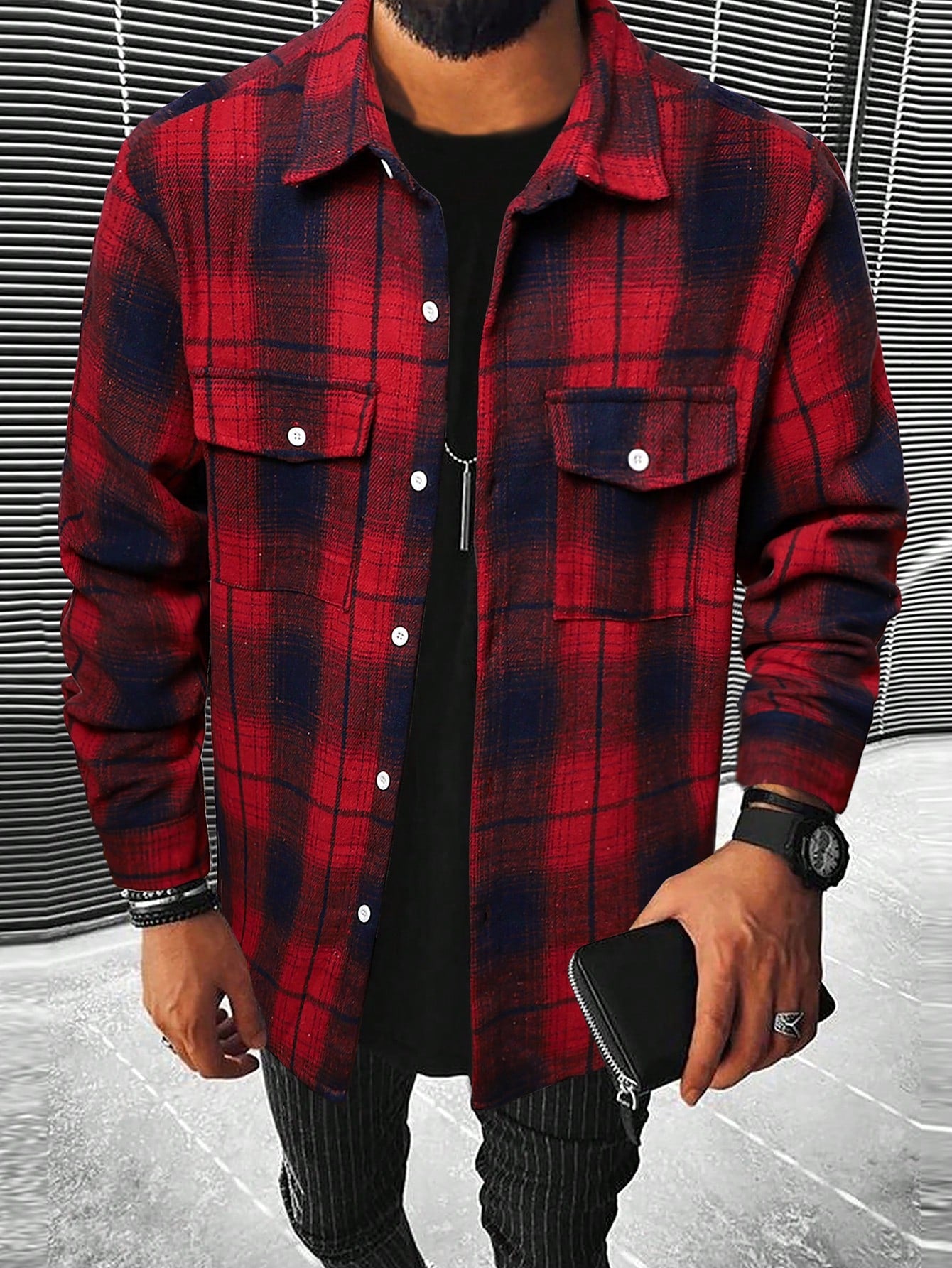 Men's Plaid Print Cargo Pocket Long Sleeve Shirt Jacket, Spring Autumn