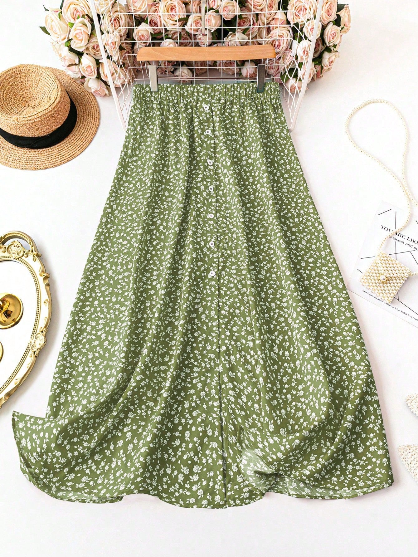 Plus Size Vacation Leisure Front Button Floral Print Skirt