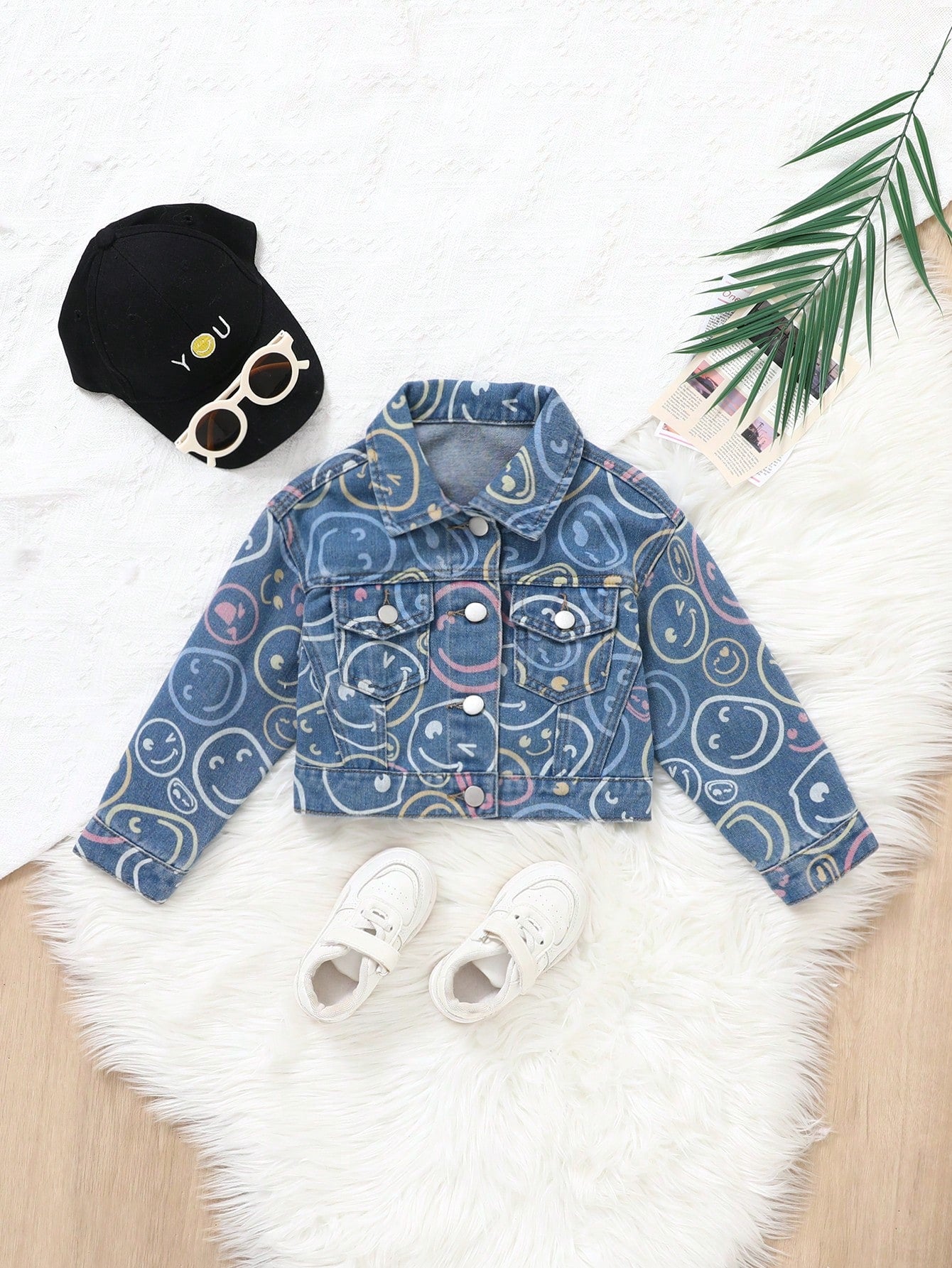 Young Girl Casual Cute Face Pattern Button Front Flat Pockets Denim Jacket