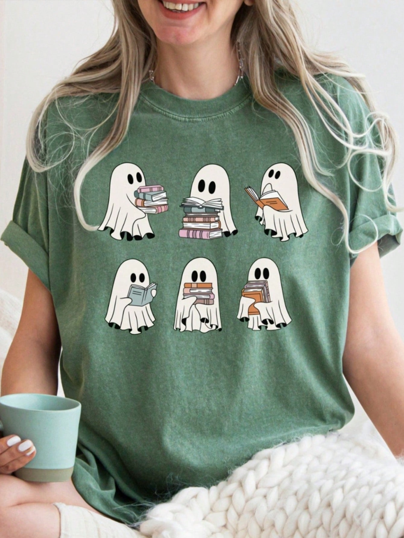 Plus Size Oversized Round Neck Short Sleeve Funny Ghost Halloween Print Loose Fit Fashionable T-Shirt, Summer Clothing