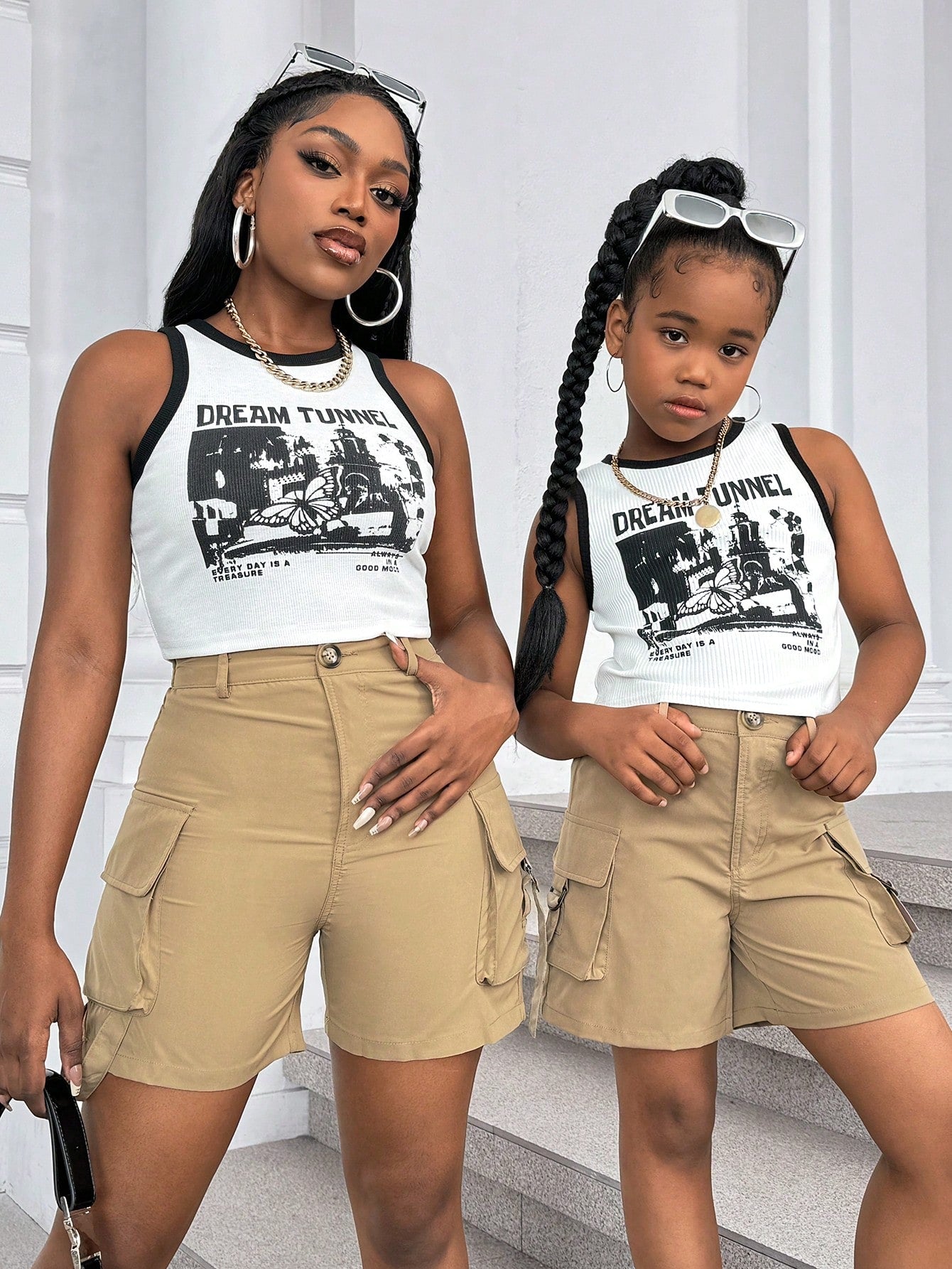 Tween Girls' Fashion Solid Color Straight Leg Cargo Shorts, Mommy And Me Matching Outfits (Sold In 2pcs Set Separately)