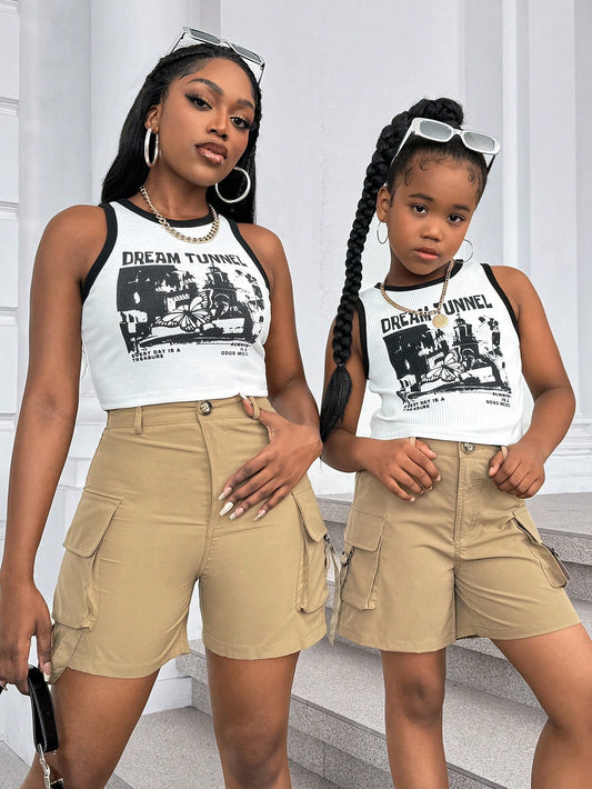 Tween Girls' Fashion Solid Color Straight Leg Cargo Shorts, Mommy And Me Matching Outfits (Sold In 2pcs Set Separately)