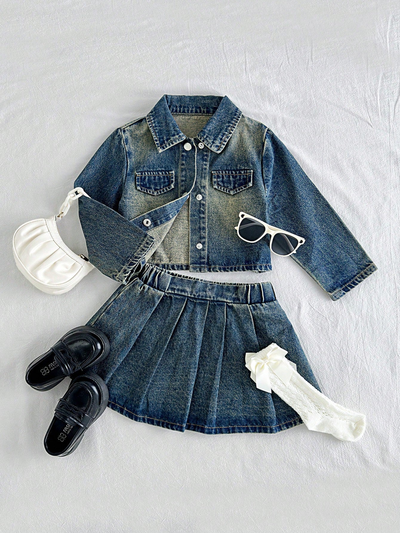 Girls' (Small) Button Front Long Sleeve Faux Pocket Top And Pleated Denim Skirt Outfit