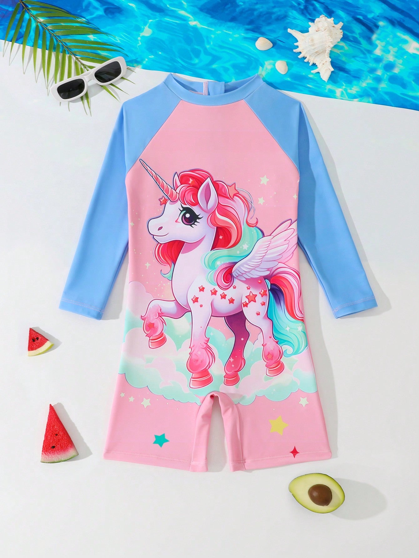 Young Girl Cartoon Unicorn Printed Long Sleeve One Piece Swimsuit