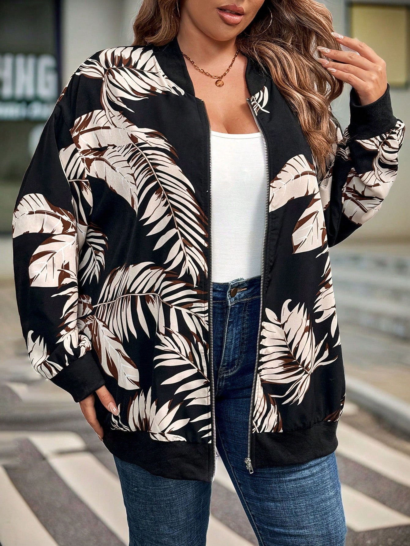 Plus Floral Jacquard Zip Up Bomber Jacket