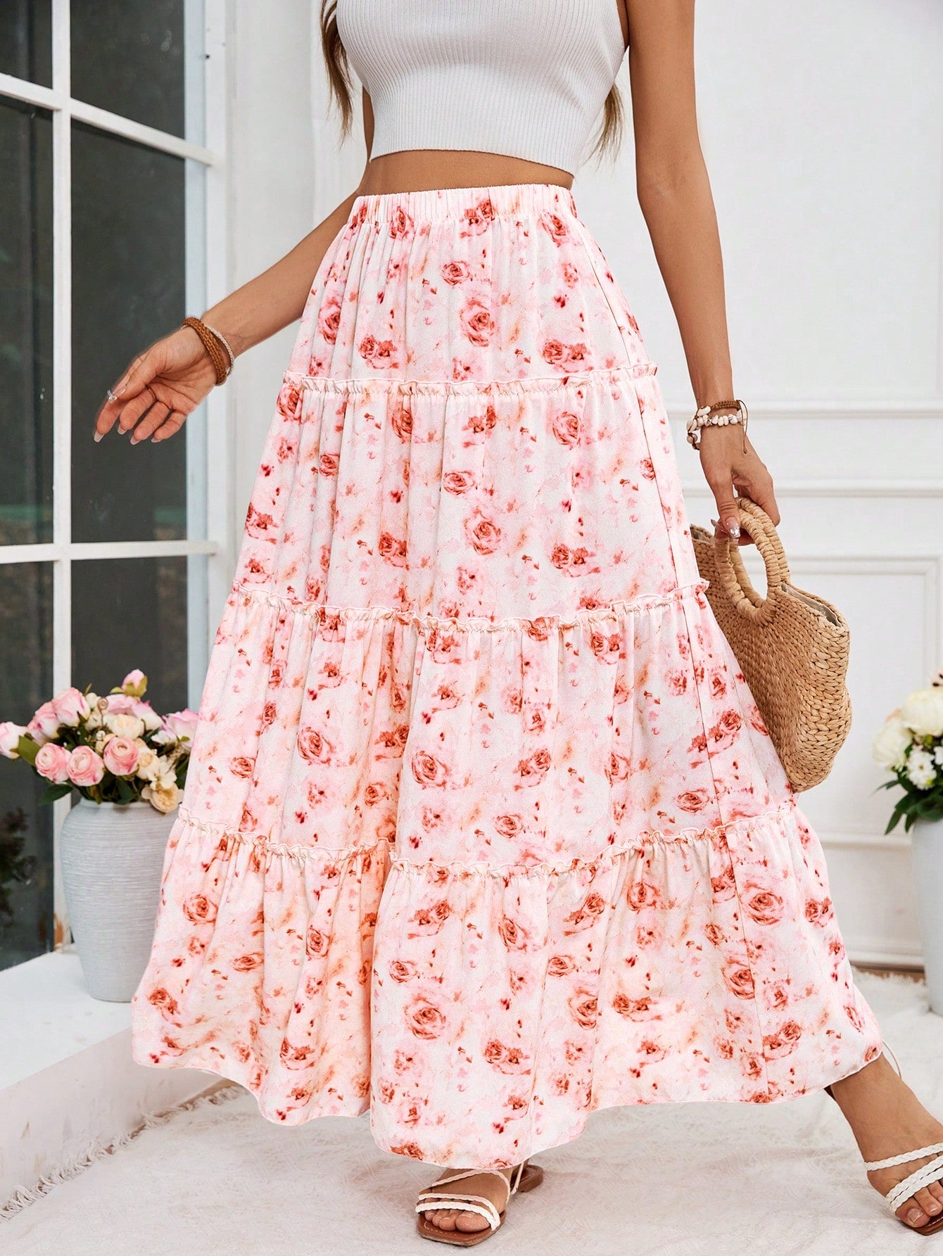 Ditsy Floral Print Frill Trim Summer Beach Ruched Skirt