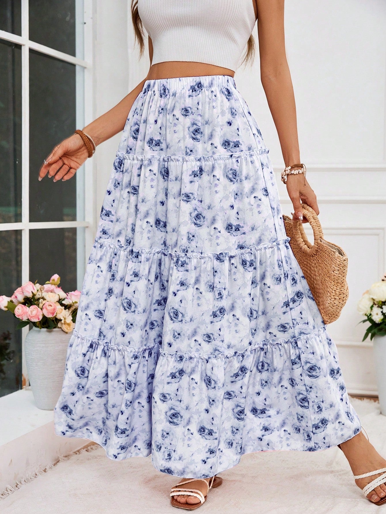 Vacation Woven Floral Print High Waist Loose Skirt For Women