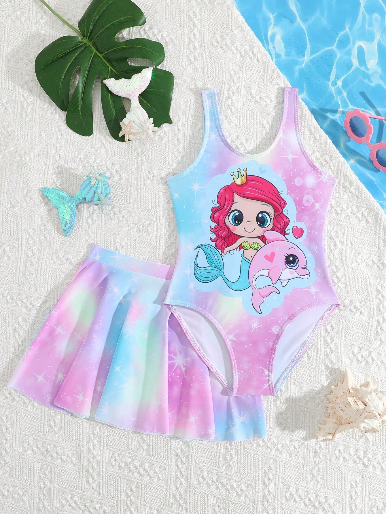 Young Girls' Cartoon Mermaid Pattern Sleeveless One-Piece Swimsuit With Cover-Up Skirt