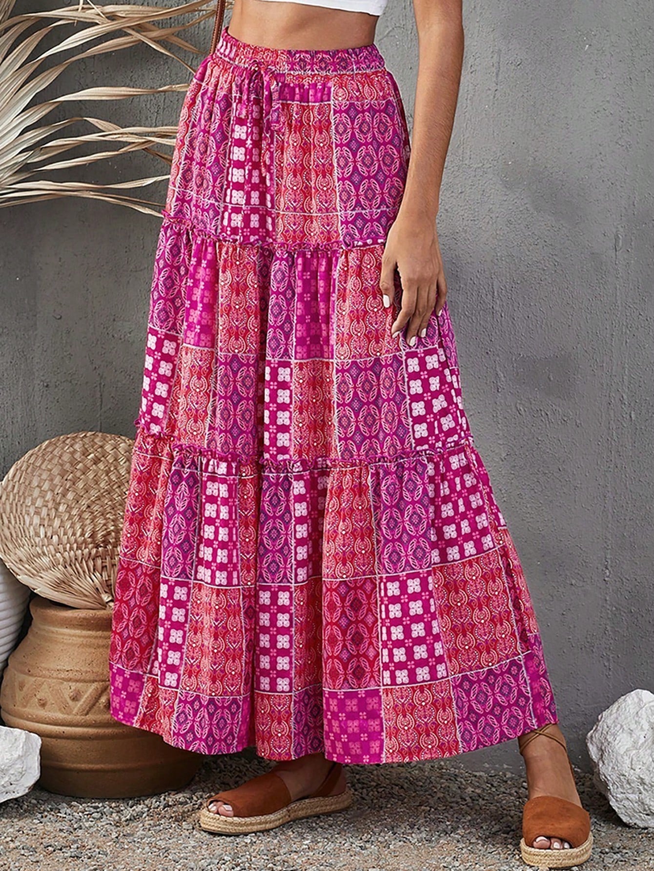 Boho Abstract Print Long Elastic Waist A Line Skirt With Pockets