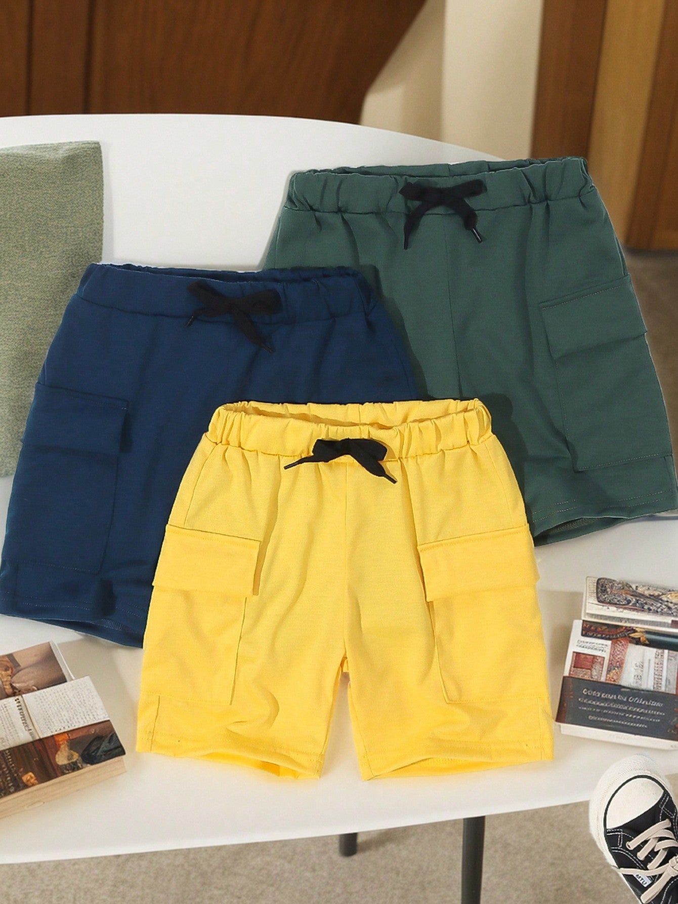 Young Boy 3pcs/Set Toddler Boys' Summer Pocket Shorts, Yellow/Black/Gray