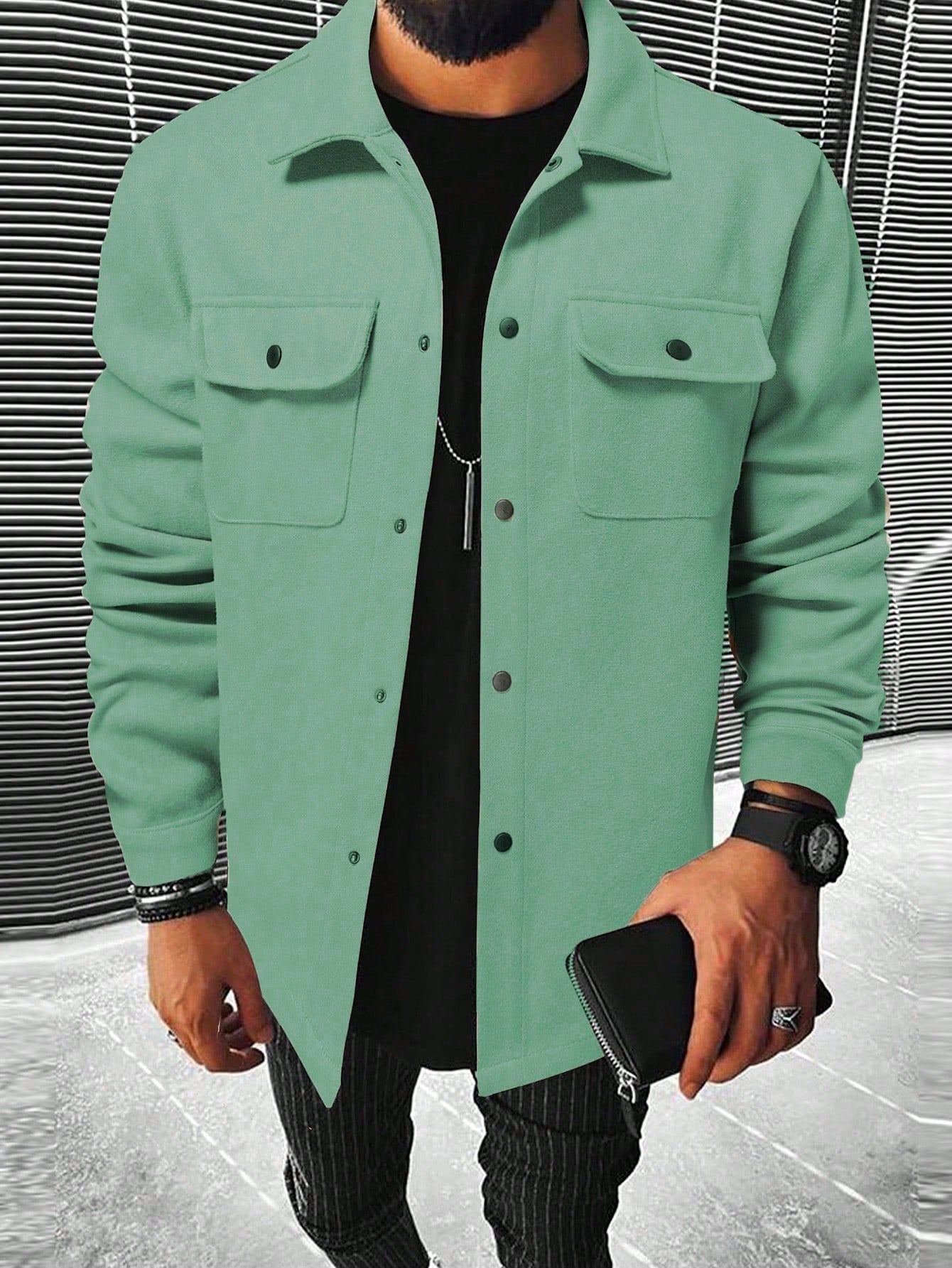 Men's Solid Color Button-Front Pocket Long Sleeve Wool Blend Jacket