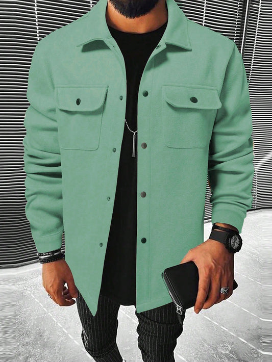 Men's Solid Color Button-Front Pocket Long Sleeve Wool Blend Jacket