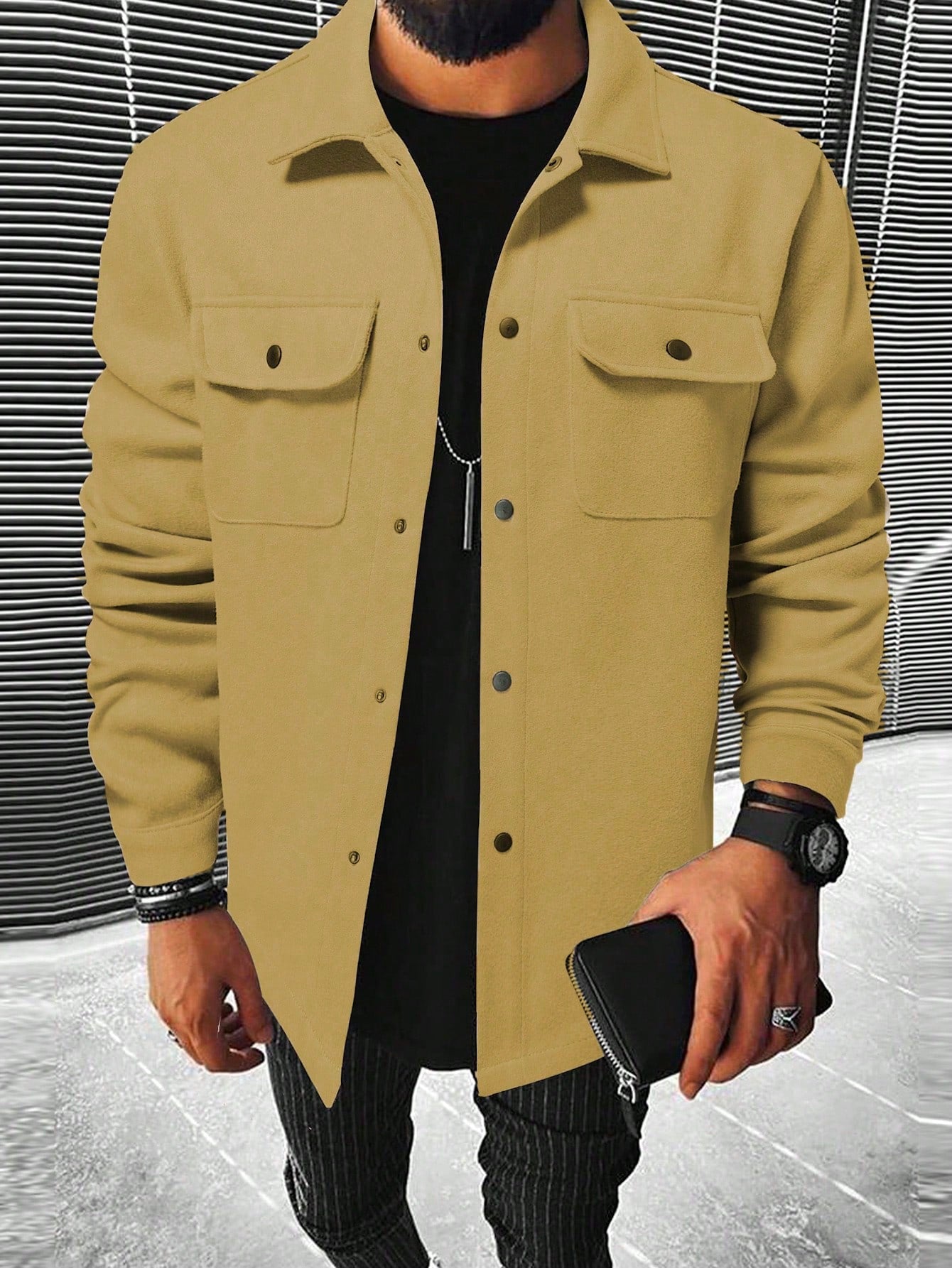 Men's Solid Color Button-Front Pocket Long Sleeve Wool Blend Jacket