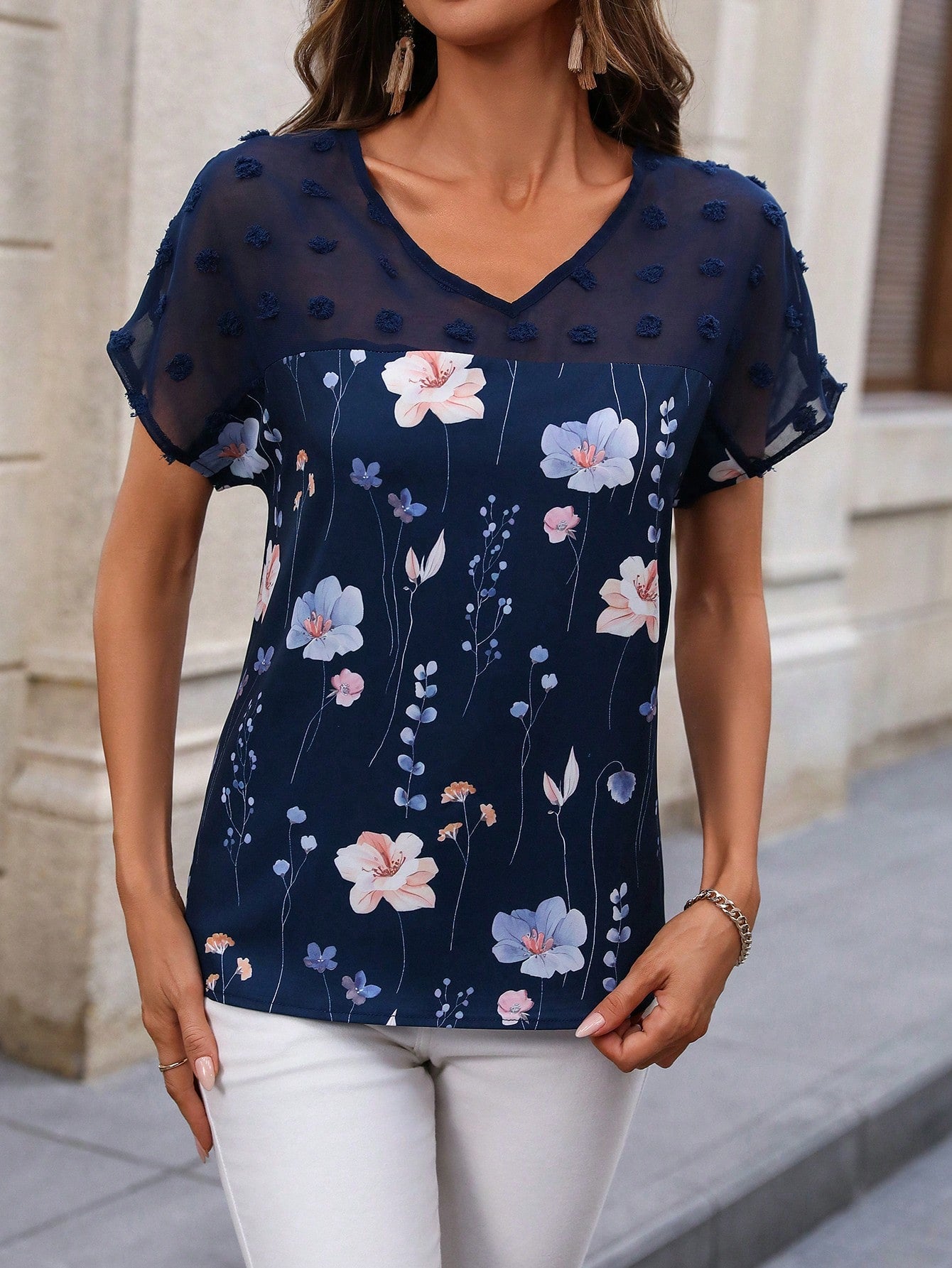 Women Summer V-Neck Short Sleeve Loose Floral Print Blouse