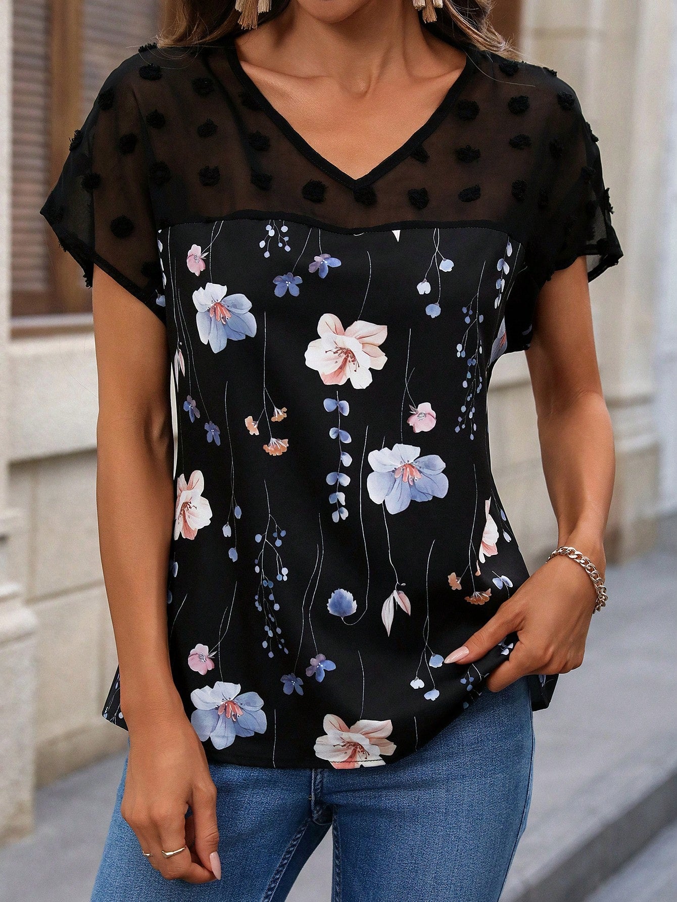 Women Summer V-Neck Short Sleeve Loose Floral Print Blouse