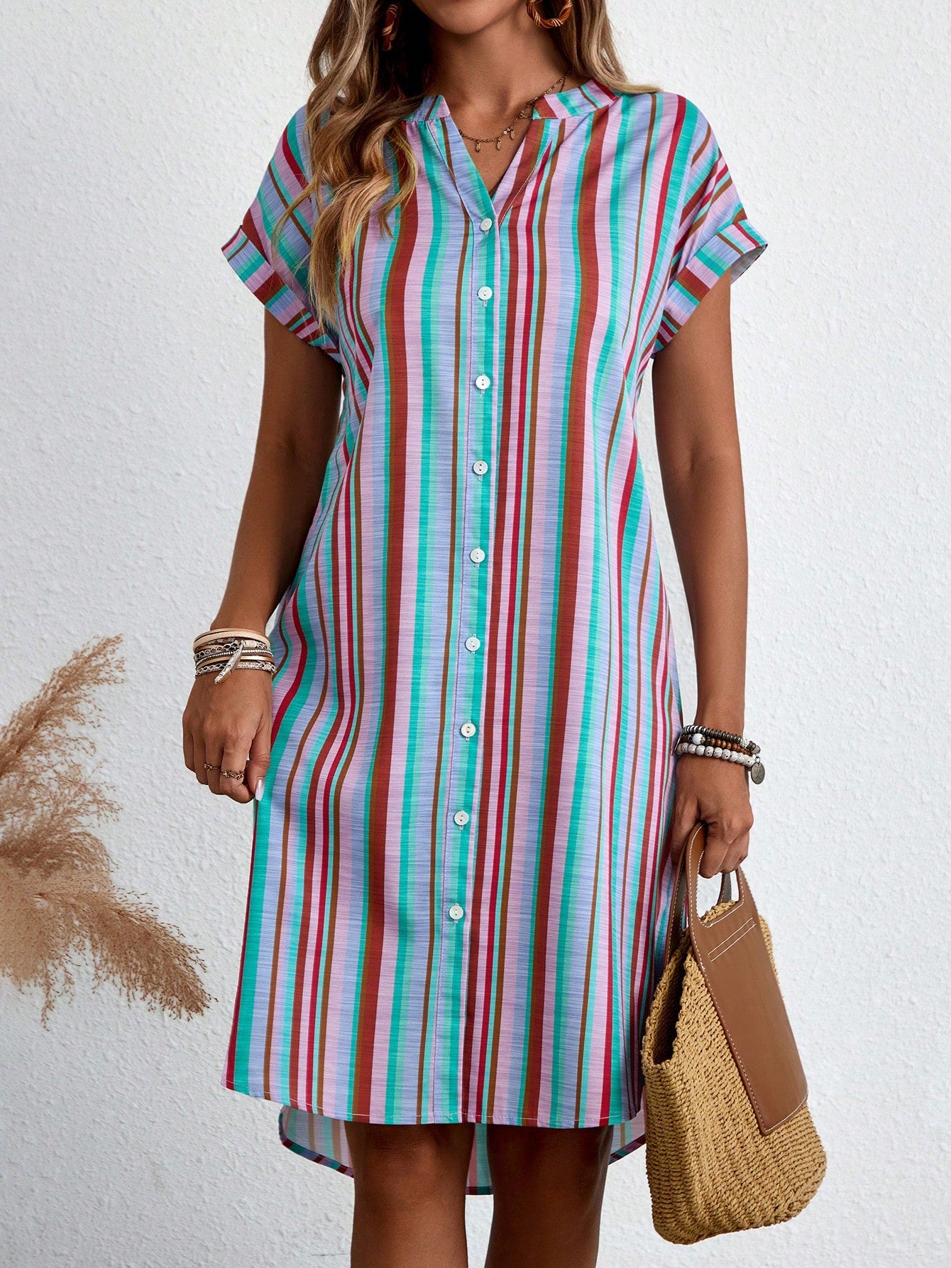 Women's Summer Holiday Casual Colorful Striped Notched Neck Dress With Button Front