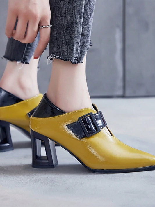 Women's Yellow Patent Leather Chunky Heeled Pointed Toe Slip-On Dress Shoes, Spring/Summer